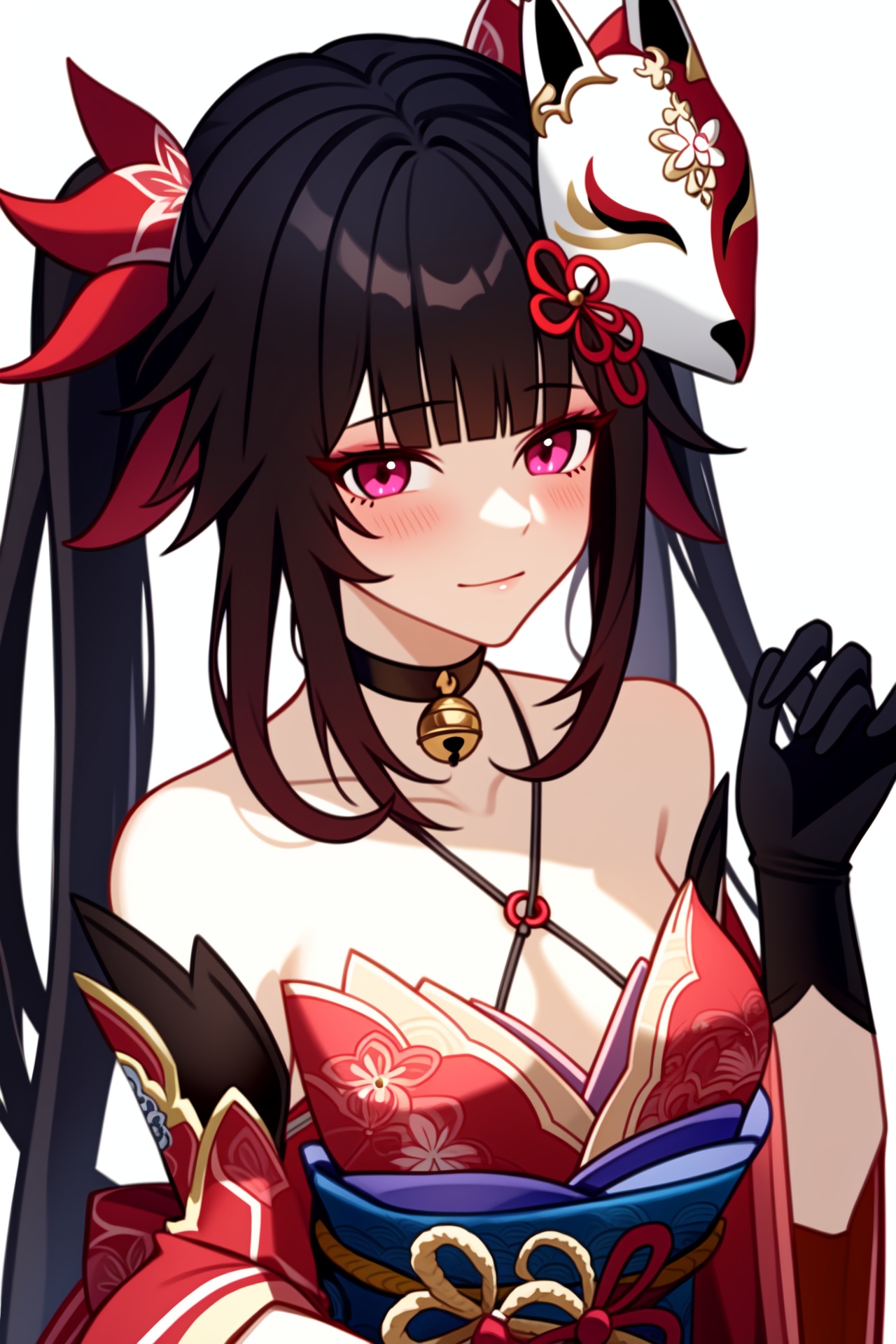 <lora:nai3画风bysdlion-000035:0.8:lbw=paint>,<lora:花火v12:1:lbw=char>,huahuo,1girl,twintails,red kimono,mask on head,black gloves,bare shoulders,detached sleeves,choker,obi,jingle bell,tattoo,, (masterpiece,best quality,high quality:1.4),absurdres,