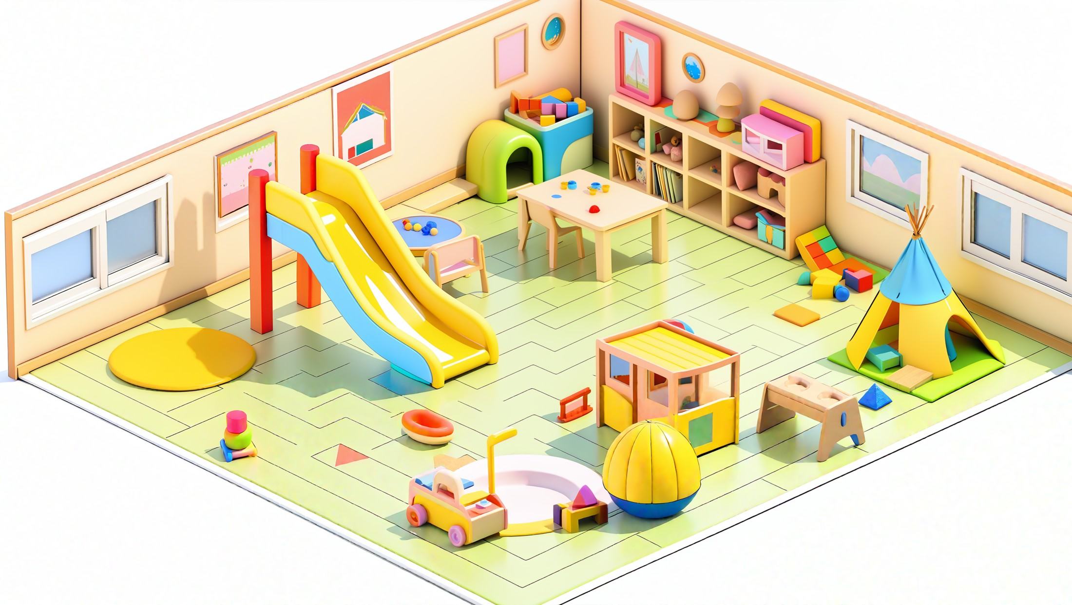 masterpiece,best quality,<lora:gamebg:0.5>,3d,room-style,no humans,soft mat flooring,colorful patterns,large floor-to-ceiling windows,cute curtains,small tables,small chairs,educational posters,educational charts,bookshelf,picture books,toys,building blocks,dolls,puzzles,play area,slide,small tent,