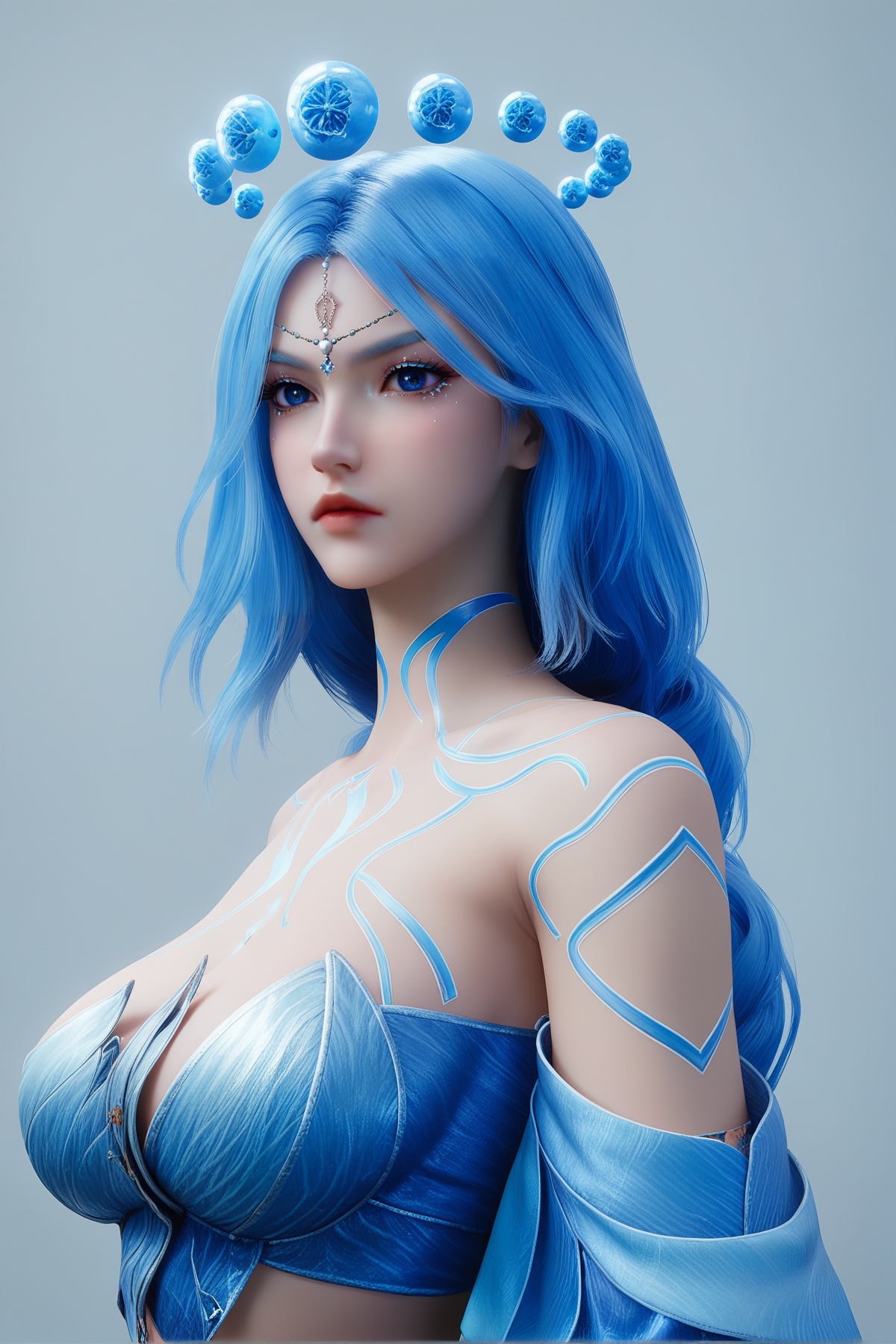 score_9,score_8_up,score_7_up,<lora:wy_lishaoying_gj_XL7.0:0.8>,1girl,breasts,big breasts,long hair,hair ornament,blue hair,blue eyes,bare shoulders,braid,tattoo,detached sleeves,large breasts,strapless,crop top,simple background,white_background,cowboy_shot,
