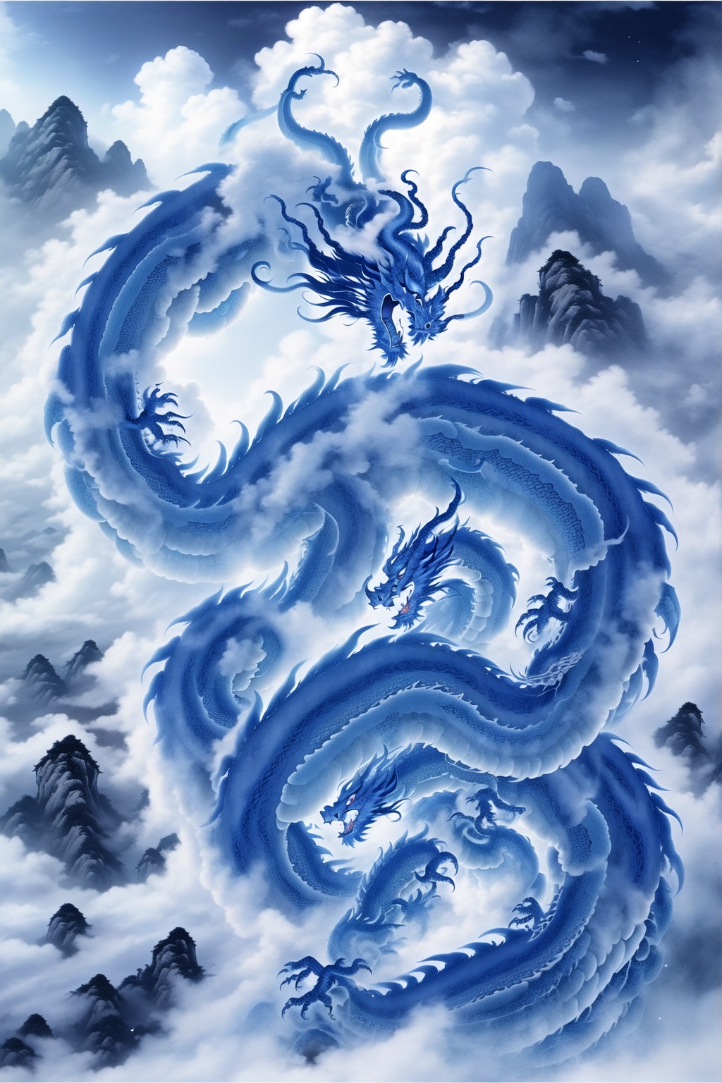ycbh, eastern dragon, no humans, dragon, east asian architecture, cloud, architecture, fangs, mountain, sky, fog, outdoors, traditional media, cloudy sky, Particles, fine details of smoke, dragons,<lora:ycbh4:0.8>,