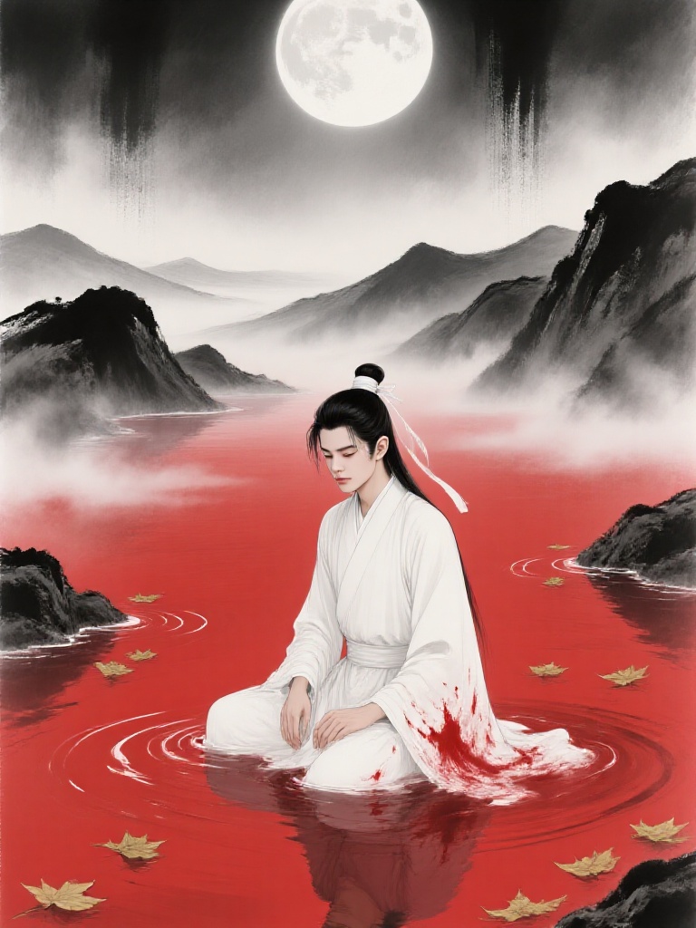 zanghz,A young figure in a blood-stained white hanfu,seated cross-legged in a crimson pool under a pale full moon. Long hair tied with a white band,eyes closed in sorrow,surrounded by floating autumn leaves. The backdrop features ink-wash mountains (dark, misty) and a stark,moonlit sky. Blend Chinese ink painting techniques (bold black strokes for landscapes, fluid red for water) with dramatic color contrast (white robe vs. red water, dark tones vs. moonlit glow). Atmosphere: somber,lonely,tragic,evoking themes of loss and inner turmoil. Include details like rippling water reflections,blood splatters on the robe,and ink-textured mountains. Style: Fusion of traditional ink art with modern emotional intensity,emphasizing visual impact through color and mood.,