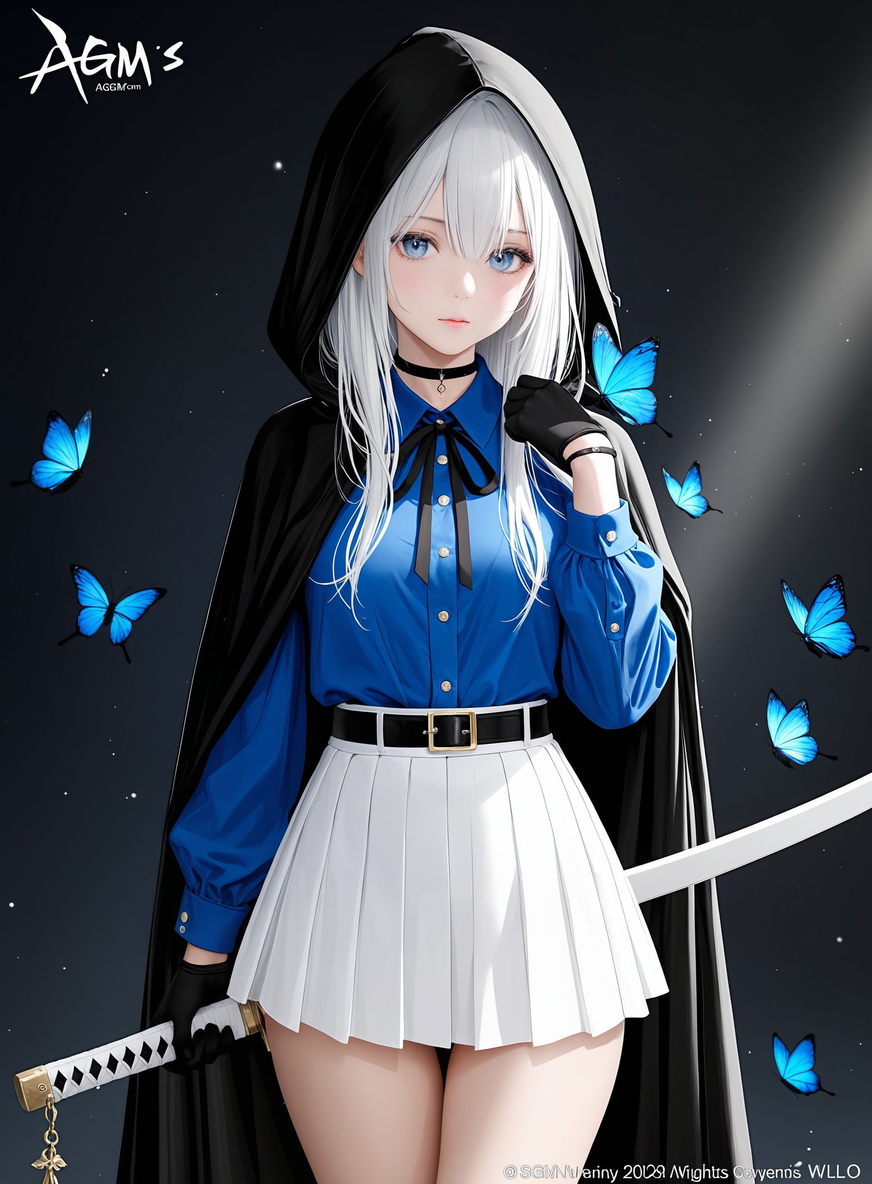 1girl, blue butterfly, solo, shirt, hood, skirt, gloves, choker, blue eyes, bug, butterfly, belt, looking at viewer, black gloves, black choker, collared shirt, butterfly hair ornament, pleated skirt, hair ornament, white skirt, weapon, sword, sheathed, long hair, sheath, bangs, hood up, closed mouth, cowboy shot, cloak, hand up, long sleeves, blue shirt, ribbon, white background, white hair, buckle, belt buckle, black belt, hair between eyes, blush, cape, standing, thigh gap, black ribbon, blurry, buttons, simple background, miniskirt,cinematic lighting, contour deepening, high-key and low-variance brightness scale, soft light, depth of field,(artist:konya_karasue:0.3),(artist:meion:0.6),(artist:sora_72-iro:0.7),(artist:wlop:0.6),(artist:ciloranko:0.3),(artist:binggong_asylum:0.4),(artist:ask_\(askzy\):0.3),(artist:bison_cangshu:0.6),(artist:yunsang:0.2),(artist:ningen_mame:0.3),(artist:sho_\(sho_lwlw\):0.3),(artist:rhasta:0.2),(artist:chen_bin:0.4),(artist:omone_hokoma_agm:0.6),(artist:pottsness:0.4),(artist:hiten_\(hitenkei\):0.3),(artist:mignon:0.2),(artist:sheya:0.2),(artist:houkisei:0.3),official art,depth of field,best quality,amazing quality,very aesthetic,absurdres,best quality,masterpiece,ultra detailed, newest,8K,HDR,masterpiece,best quality,newest,absurdres,highres,very awa,