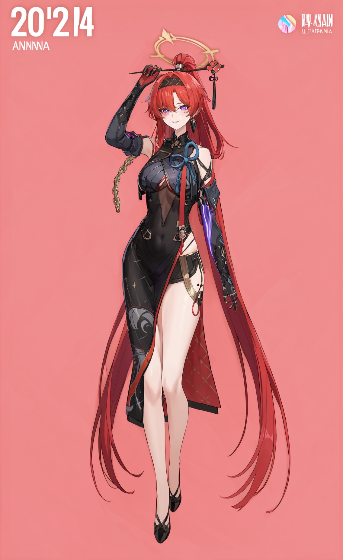 8k, best quality, masterpiece, (ultra-detailed:1.1), (high detailed skin), <lora:yinlin-A3-Tanger:0.8>, yinlin, def clothes, 1girl, red hair, purple eyes, dress, hair stick, breasts, gloves, <lora:jijiav2-a3-Tanger-000005:0.8>, jijia, 2d, anime, 1girl, halo, red background, long hair, solo, barcode, looking at viewer, full body, multicolored hair, hair ornament, bangs, wings, very long hair, an anime character with a panda on her arm, this is a drawing of a anime girl with different outfits, 
