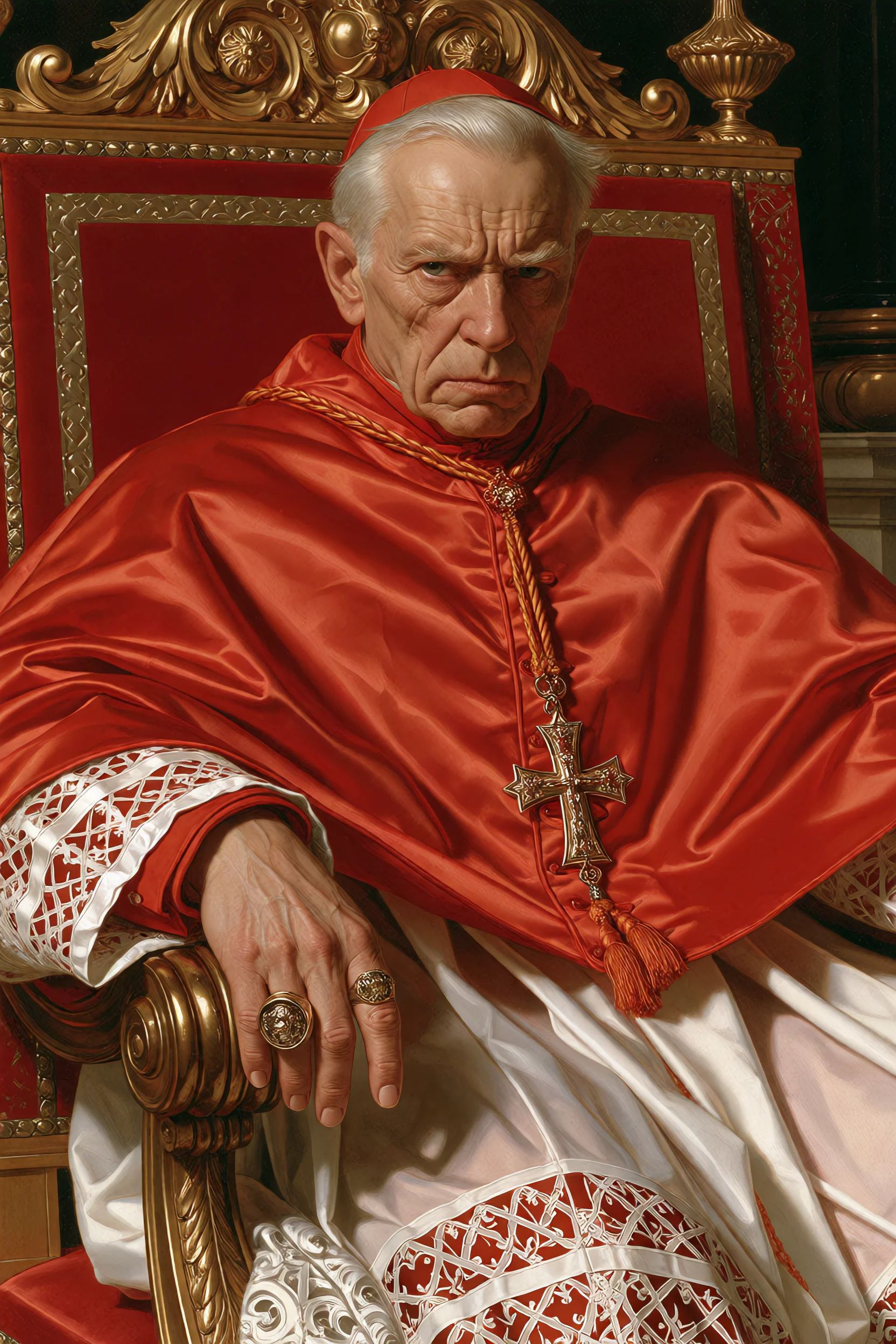 sacredmenag,  an elderly cardinal seated alone in an enormous ceremonial chair,  stern weathered face on Tensor.Art