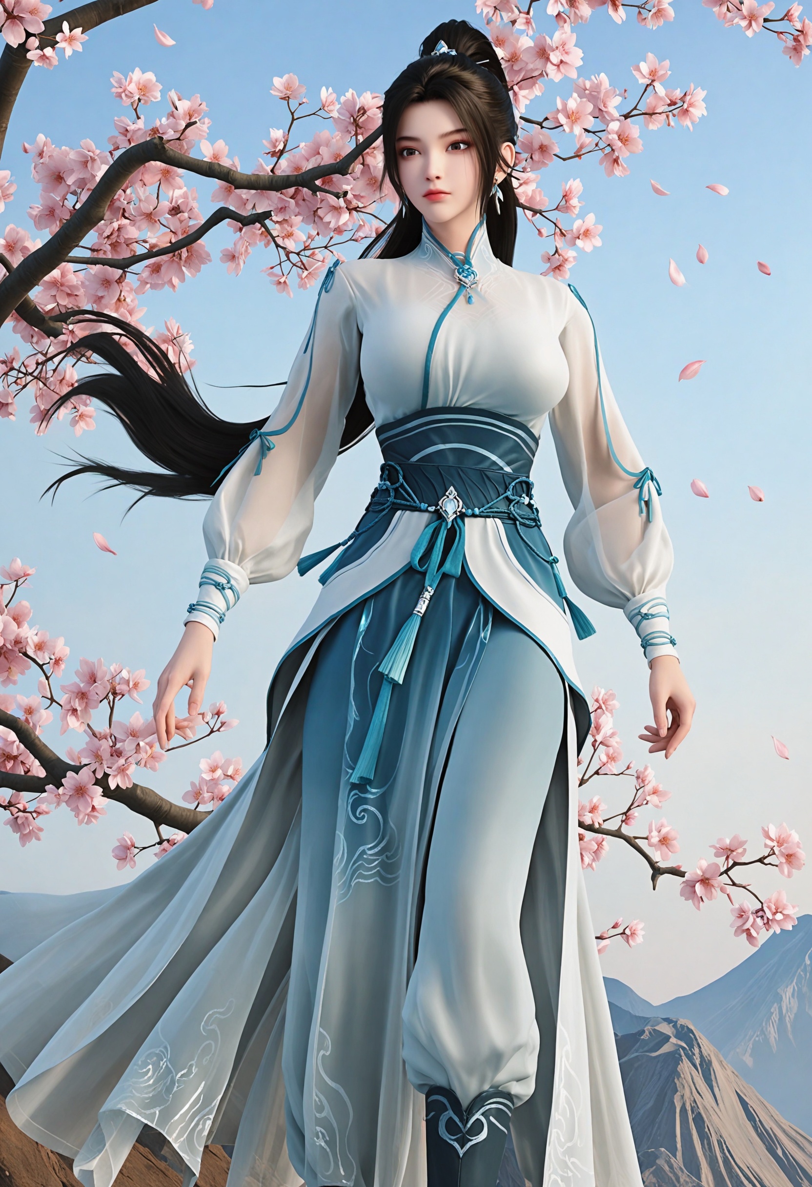 (looking at viewer:1.1),upper_body,(gigantic breasts:0.7),gongfu,fantasy,dreamlike,Pastel Colors,southeast asia,aestheticism,beautiful detailed sky,peach blossom,falling petals,smog,yunxia,<lora:YQ_li光辉v5_宁姚_V1:0.8>,q1528437228,solo,1girl,long_hair,black_hair,jewelry,earrings,chinese_clothes,ponytail,dress,long_sleeves,realistic,sash,brown_eyes,brown_hair,hair_ornament,white_dress,hair_tie,see-through,hair_bun,pants,see-through_sleeves,ribbon,boots,breasts,tassel,gem,puffy_long_sleeves,sheathed,blue_dress,skirt,shirt,white_shirt,china_dress,black_footwear,puffy_sleeves,single_hair_bun,tassel_earrings,black_eyes,bracelet,long_skirt,makeup,