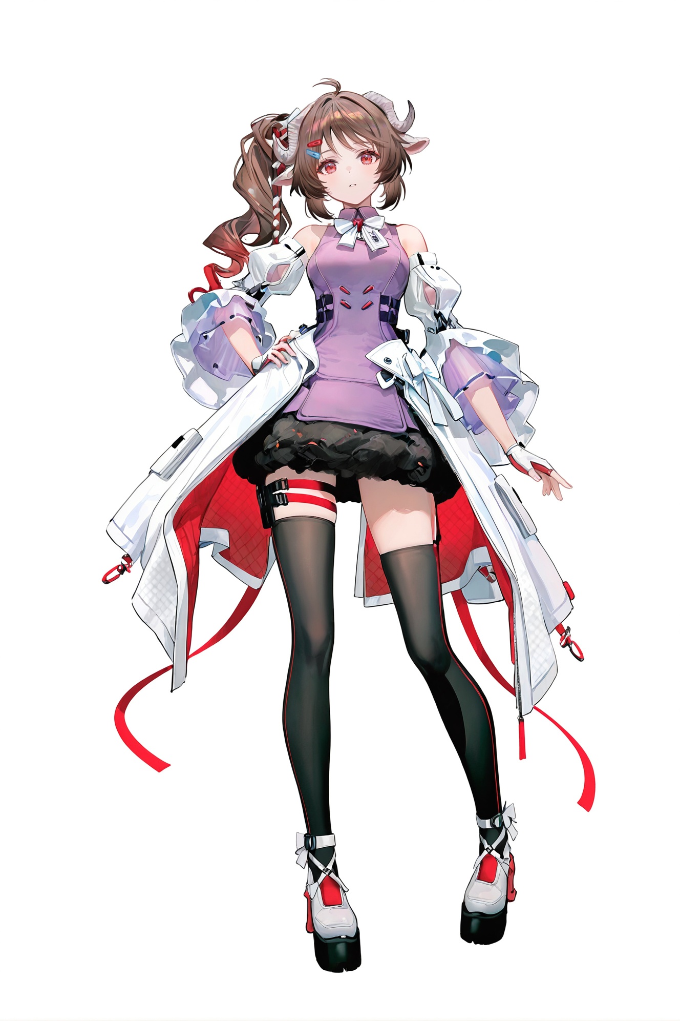 8k,best quality,masterpiece,(ultra-detailed),(high detailed skin),((artist:reoen),(artist:fuzichoco),(artist:atdan),(artist:torino_aqua),year 2024:0.8)1girl,[artist:wlop],[artist:ningen_mame],artist:ciloranko,[[artist:rhasta]],artist:tidsean,colorful,full body,full shot,standing,(solo:1.2),simple background,(white background:1.2),hand on own hip,(white background:1.1),looking at viewer,<lora:Ardelia-will-Tanger-000013:0.8>,Ardelia \(Arknights: Endfield\),sheep girl,sheep horns,sheep ears,clothes: Ardelia def pink and white dress,1girl,long hair,breasts,brown hair,ahoge,black thighhighs,fingerless gloves,