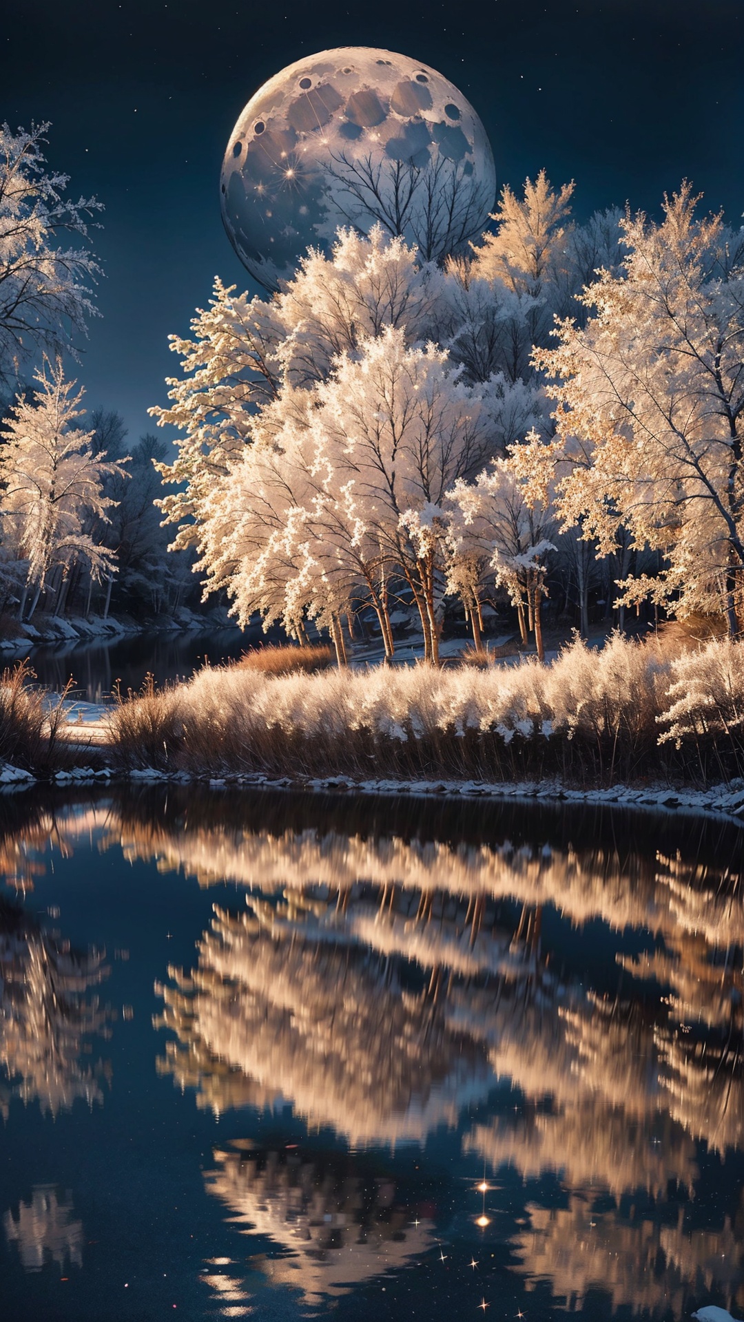 The moonlight quietly pours on the quiet lake,and the light shimmering like countless twinkling gems. Breeze blowing,the shadow of the moon swaying,that clever picture beautiful. The weeping willows by the lake stretch their positions in the moonlight,and the slender willow branches sway gently,as if dancing with the moon.,<lora:Moon_20240908003204:0.8>,
