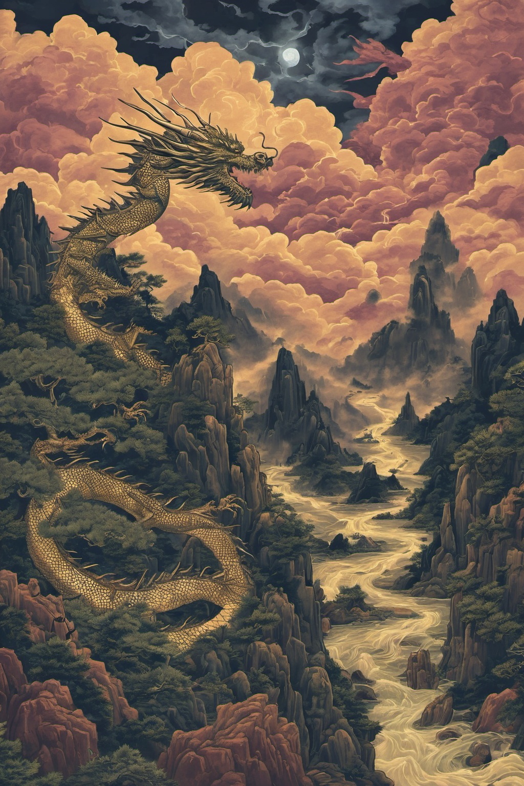 hhongj,no humans,tree,scenery,outdoors,cloudy sky,rock,nature,night,mountain,water,<lora:heijin-000008:0.8>,dragon,