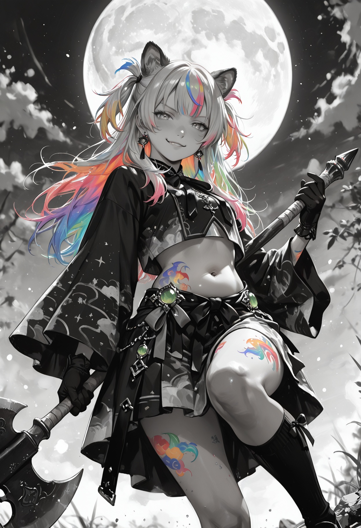 holding two axes,  anime girl holding an axe in front of the sun,  one girl on Tensor.Art
