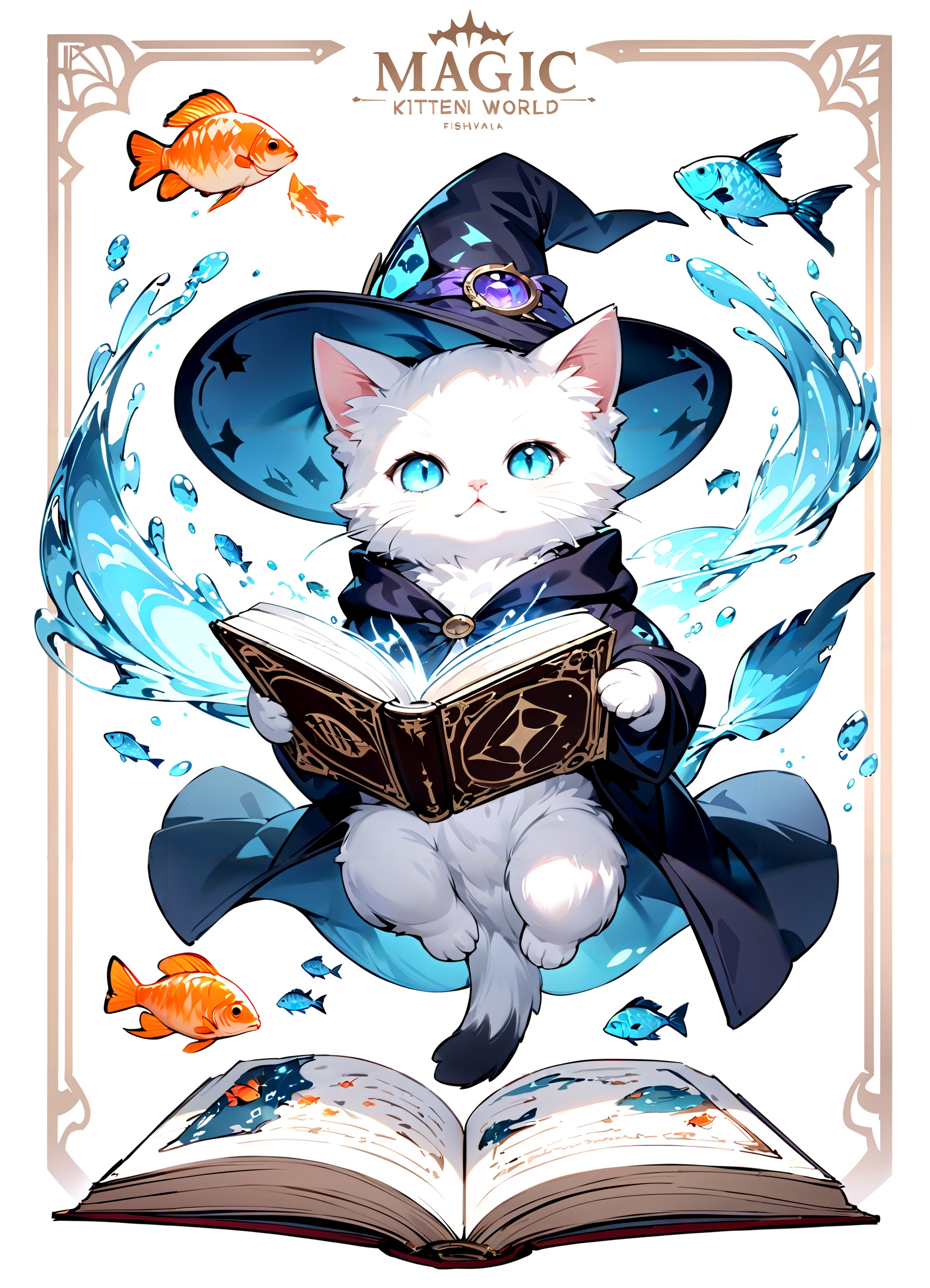 1cat,no humans,amazing quality, masterpiece, best quality, hyper detailed, ultra detailed, UHD, perfect anatomy, magic world, (kitten and fish:1.4), fish in the air, spell magic to get fresh fish as food,( fish jumping from magic book:1.3), energy flow, a full body of a cute kitten, kawaii, wearing witches robe, witches hat, holding magic book, magic book on one hand, spell magic, magic,  glowing,