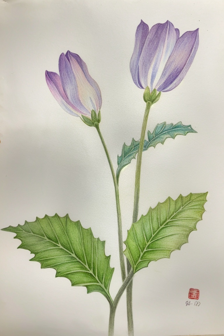 ((HRD, HUD, 8K)),((masterpiece, best quality)), highly detailed, soft light,ColoredLead, no humans, flower, simple background, traditional media, leaf, pink flower, still life, white background, signature, dated, purple flower, painting (medium), plant, watercolor (medium),  <lora:画风-彩铅-ColoredLead_v1.0:0.8>