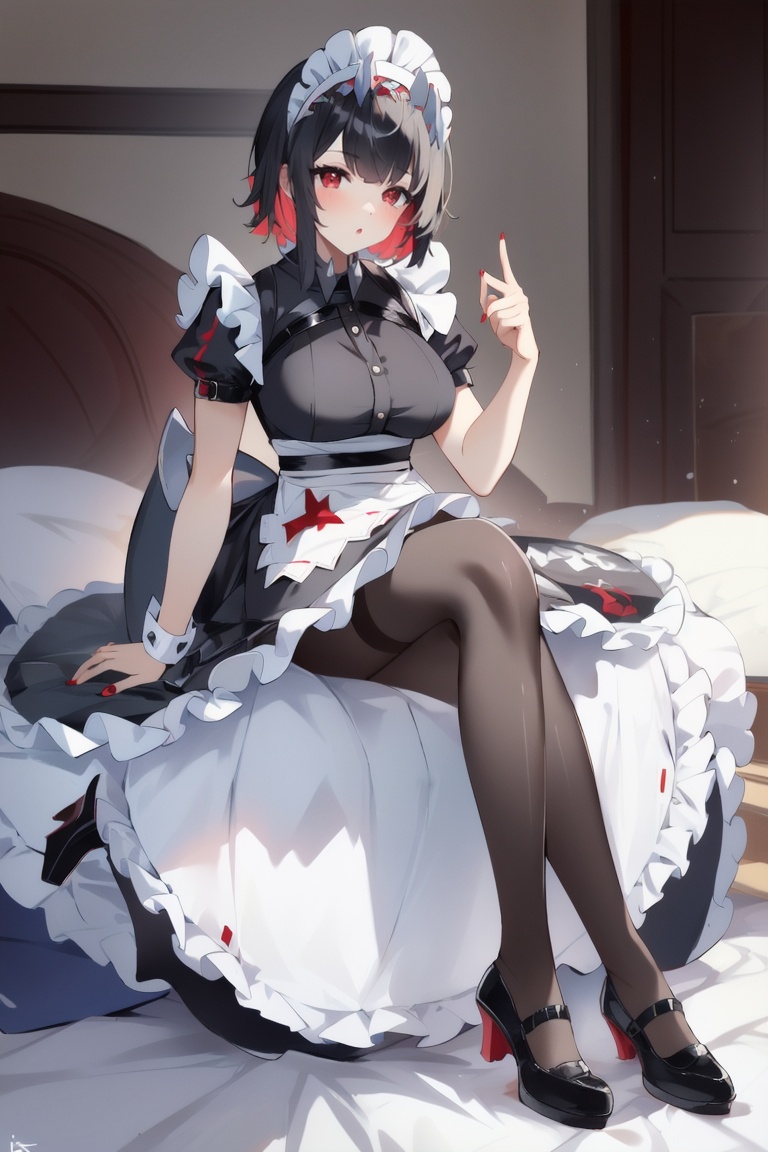 ((HRD, HUD, 8K)),((masterpiece, best quality)), highly detailed,EllenJoe, 1girl, solo, black hair, red eyes, pantyhose, breasts, black footwear, tail, sitting, maid, red hair, maid headdress, large breasts, dress, multicolored hair, short hair, looking at viewer, short sleeves, red nails, frills, indoors, bangs, apron, shoes, pillow, high heels, black dress, on bed, black pantyhose, :o, full body, fish tail, two-tone hair, mary janes, puffy sleeves, middle finger, maid apron, bed, <lora:20240705-1720168506454:0.8>
