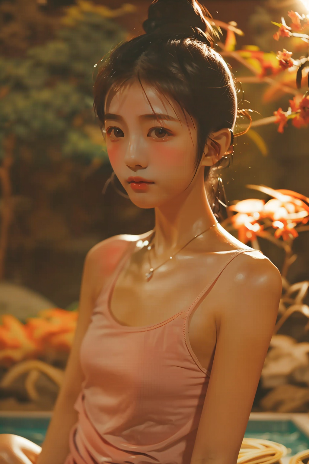 1girl,cc-color-calibration,ff-film-filter,fs-film-style,xiayenanmian,ssn-sleepless-summer-nights,pink camisole,essential oils,sweat,blurry background,depth of field,<lora:sleepless-summer-nights_v1_5:0.8>,