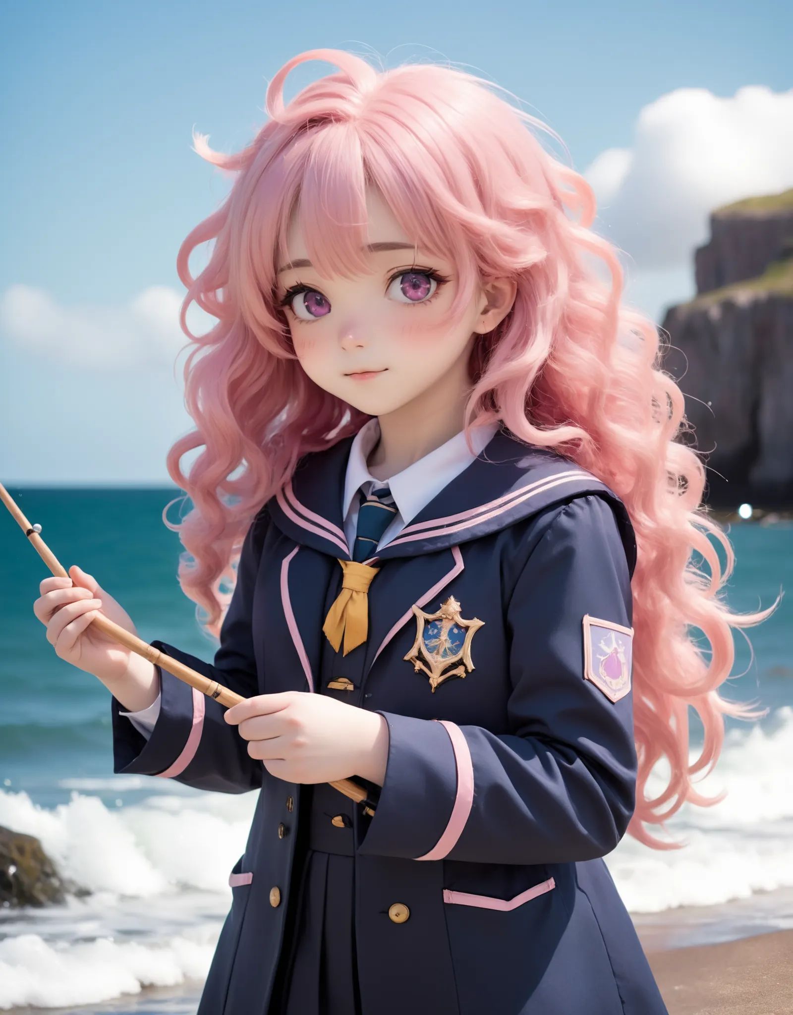 A photo of a girl with fluffy,  slightly curly,  long pink hair on Tensor.Art