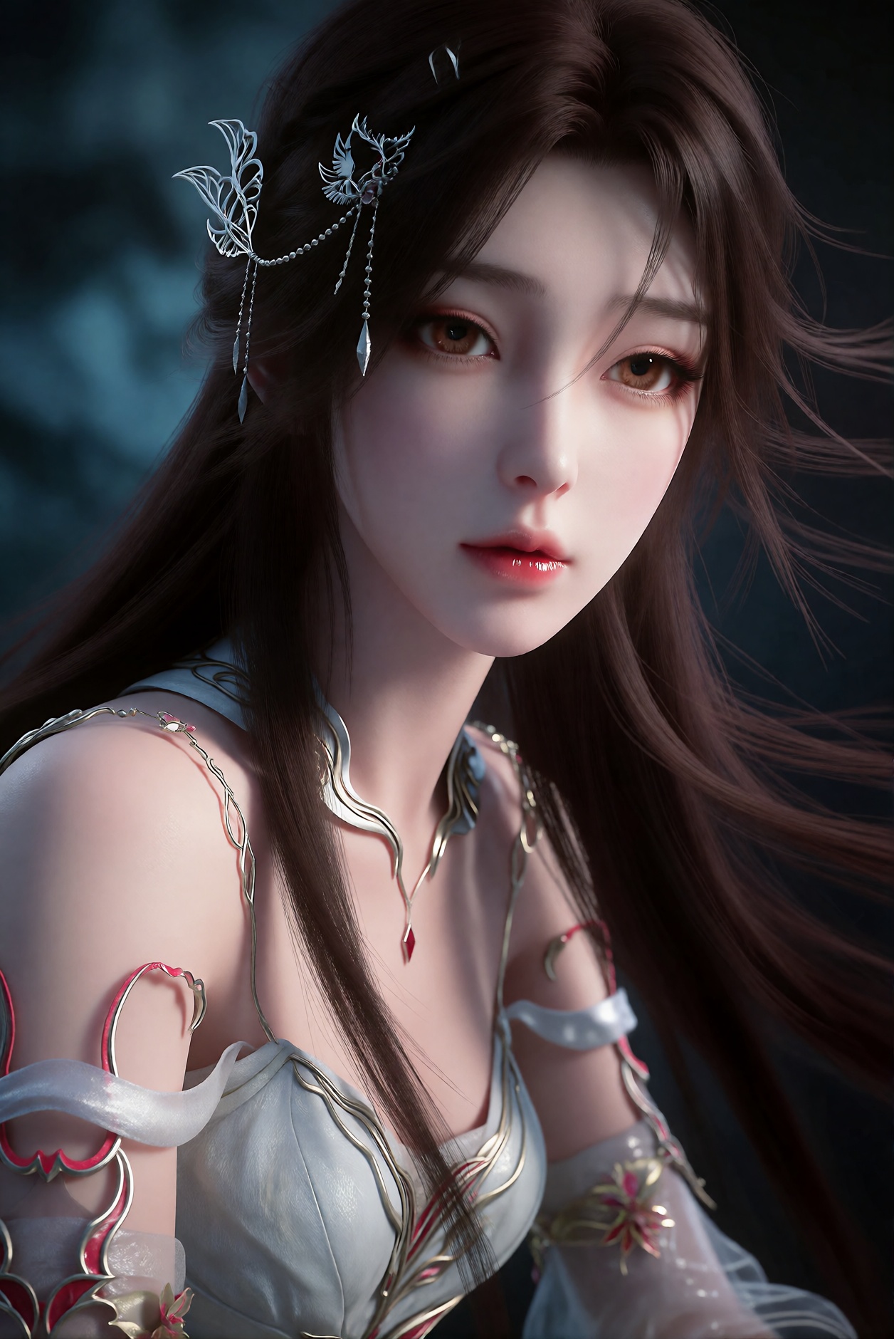 a young woman with a delicate,  ethereal quality. She has fair skin,  large expressive brown eyes by 天海TianHai on Tensor.Art