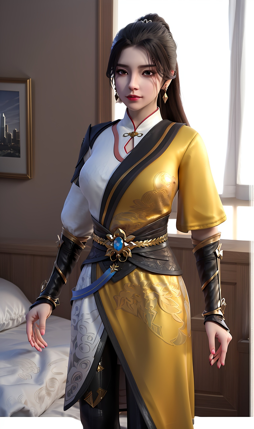 3D,masterpiece,(best quality),(makeup),official art, extremely detailed cg 8k wallpaper,((crystalstexture skin)), (extremely delicate and beautiful),(highly detailed),(face),(ponytail),(1girl), (solo), (jewelry), (earrings),(black_hair),(long_hair),(hair_ornament),(handwear),(breasts),(standing),((upper_body)),(long_legs),(dress),(closed_mouth),(short_skirt),(chinese_clothes),(multicolored_clothes),(multicolored_dress),(shiny_clothes),(city,indoor,bed),(wristband),,(tight_pants:1),(sash:),(leggings:1),(pantyhose:1),(robe:1),,((looking_at_viewer)),((Facing the camera)),, <lora:hipoly3DModelLora_v10:0.3>