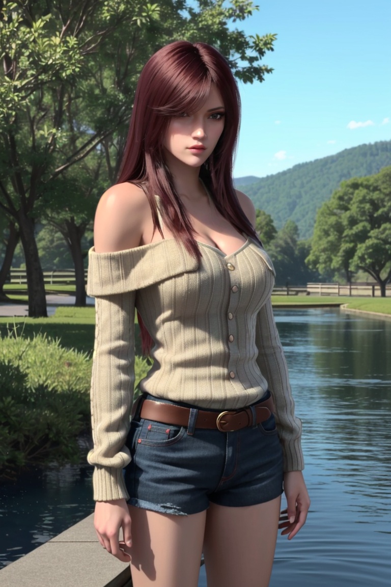 ((HRD, HUD, 8K)),((masterpiece, best quality)), highly detailed,1girl, solo, long hair, red hair, brown hair, brown eyes, lips, breasts, medium breasts, (off-shoulder sweater:1.2), denim shorts, sun, mountain, river, water, (cowboy shot), standing, looking at viewer,  <lora:20231223-1703323250913:0.7>