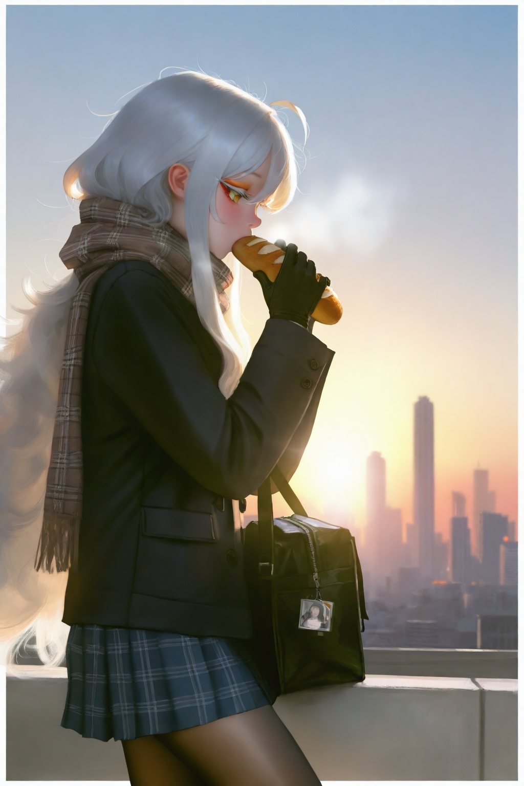 highres,absurdres,realistic,reality,very awa,masterpiece,best quality,year 2024,newest,kukka,(mocha \(cotton\):0.6),banishment,(1=2:1.3),(ravine bells:1.1),(sweetonedollar:0.9),hatena \(nazequestion\),(wlop:0.6),(yuming li:1.5),nixeu,(fom \(lifotai\):1.1),(leo-dont-want-to-be-a-painter:1.2),(tianliang duohe fangdongye:1.2),\n,fourth wall,out of fourth wall,outside border,white border,wide border,border,(cowboy shot:1.5),movie perspective,dynamic angle,cinematic angle,movie poster,\n,(portrait:1.5),upper body,1girl,solo,very long hair,white hair,hair between eyes,(messy hair:1.3),ahoge,yellow eyes,red eyeshadow,long sidelocks,White dense eyelashes,sitting,outdoors,bag,bread,plaid scarf,gloves,long sleeves,crossed legs,black coat,brown pantyhose,breath,pleated skirt,blue skirt,plaid skirt,blush,holding,eating,sitting,from side,cityscape, sunset,