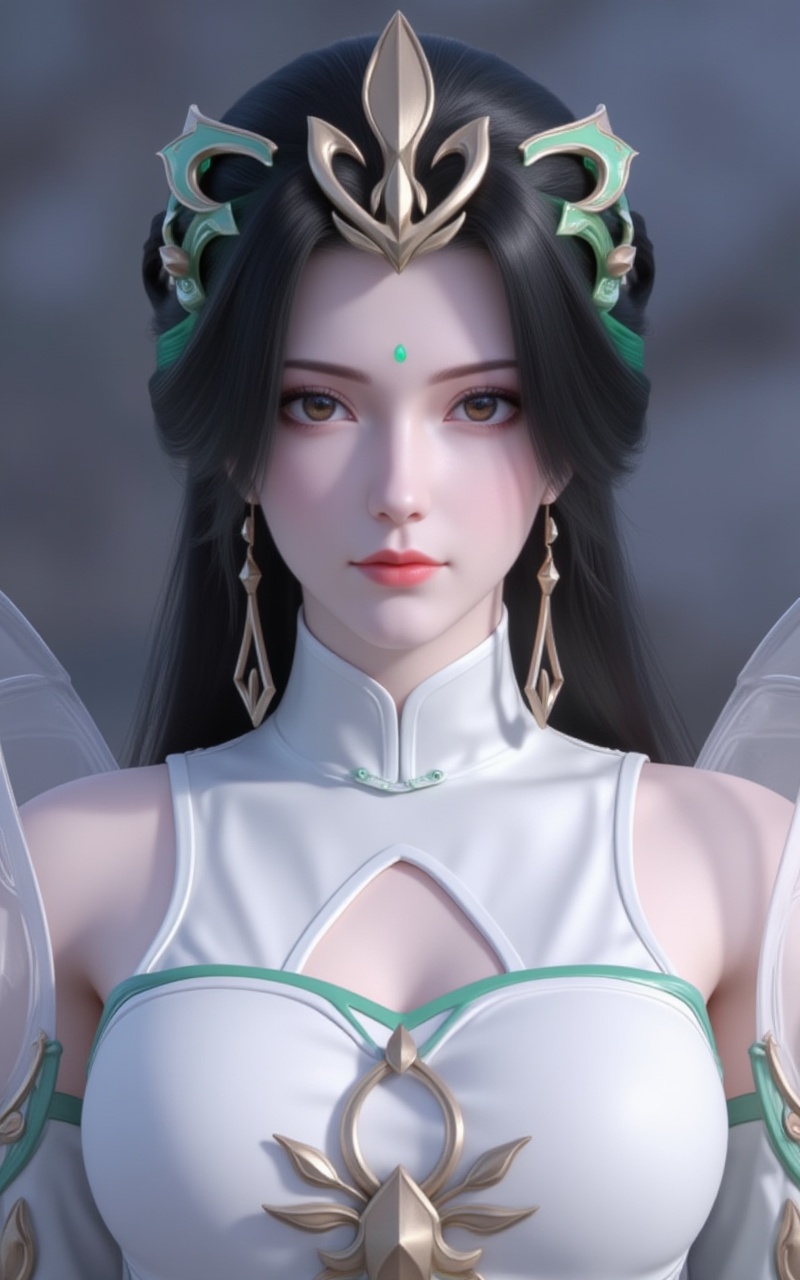 <lora:柳神8:1>,liushen,1girl,white dress,earrings,jewelry,solo,long hair,black hair,dress,upper body,hair ornament,forehead mark,clothing cutout,closed mouth,expressionless,facial mark,bare shoulders,detached sleeves,cleavage cutout,5,cover,simple background,gradient background,close-up details,outstanding style,adding a touch of dimension to your images without compromising details,close-up,<lora:DJ滤镜_2.5D版:0.4>,lvjing,