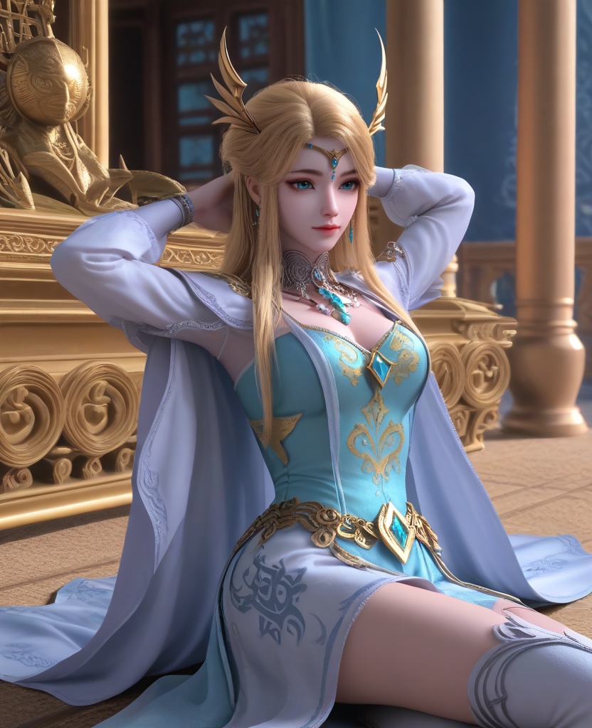 (oriental architecture, elegant decor, sophisticated style:1.1),(Lying down with one leg bent, hands behind the head:1.1),(breasts:1.2),<lora:XL16长夜开拓者圣女维罗妮卡:0.95>,miss veronica,blue corset dress,blue eyes,blonde hair,half-up ponytail with hair over shoulder,hair ornament,jewelry,choker,tiered sleeves,earrings,cape,white dress hem,white high heel boots,, score_9,score_8_up,score_7_up,score_6_up,score_5_up,score_4_up,3d rendering,tag1,tag2, Cinematic Lighting,backlighting,