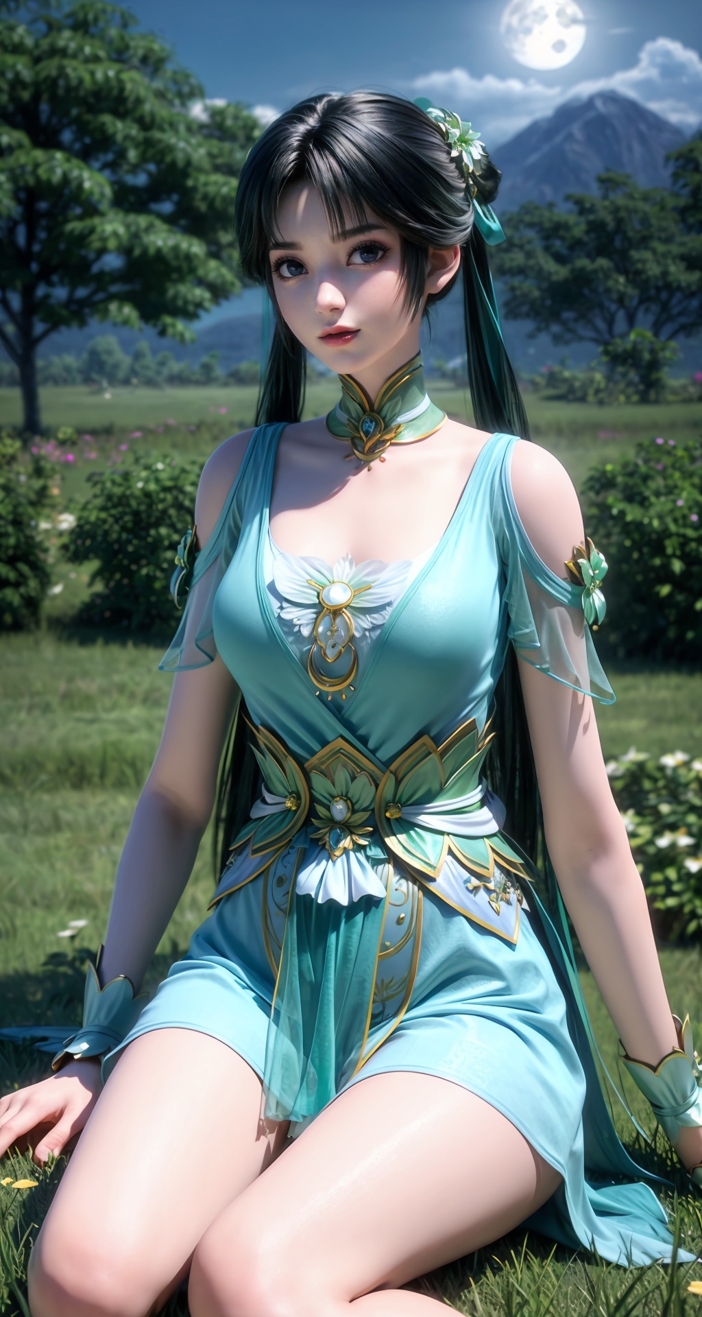 1girl,solo,hair ornament,dress,long hair,night,black hair,sky,hair rings,tree,ponytail,green dress,detached collar,ribbon,closed mouth,hair ribbon,anklet,twintails,lips,realistic,hair bun,outdoors,flower,hair flower,green eyes,clothing cutout,grass,mountain,jewelry,looking at viewer,blue sky,expressionless,shiny,bare shoulders,smile,leaf,bracer,necklace,rock,bare legs,thighs,leg tattoo,double bun,moon,night sky,cloud,full moon,scenery,cloudy sky,((sky)),star,nature,moonlight,plant,huge filesize,<lora:add_detail细节增加:0.7>,<lora:碧瑶:0.7>,<lora:MHB:0.2>,long_legs,sitting,