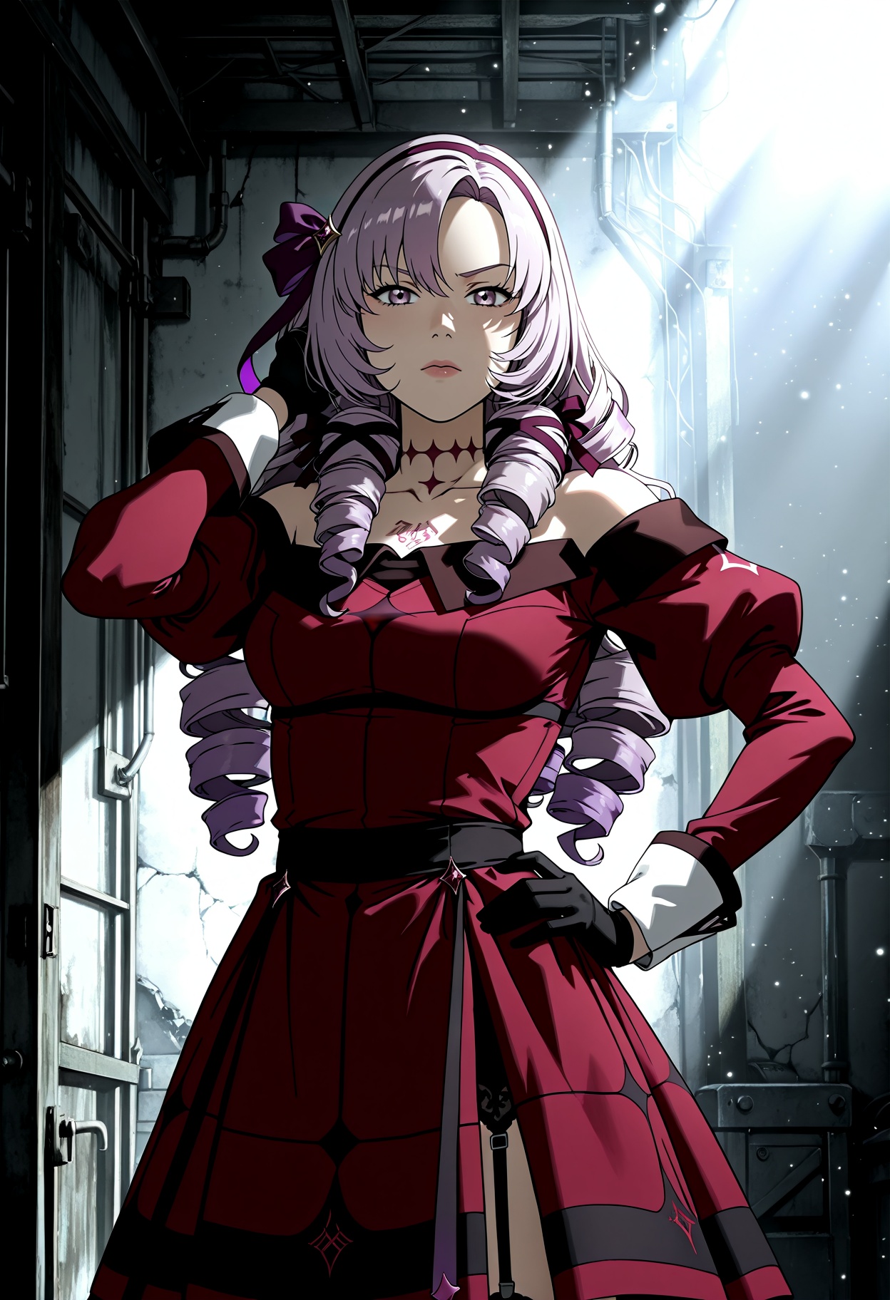 Smooth Quality, <lora:Avatar-Anime-Style2:1> In the Avatar Animation style, abandoned mine,black gloves,hair between eyes,hyakumantenbara salome,gloves,off-shoulder dress,hair ribbon,red dress,purple ribbon,purple bow,garter belt,bow,virtual youtuber,long hair,tattoo,parted bangs,1girl,black garter belt,looking at viewer,hand in own hair,simple background,puffy sleeves,solo,dress,white background,neck tattoo,juliet sleeves,nijisanji,ribbon,drill hair,hand on own hip,marinat0530,off shoulder,purple hair,long sleeves,highres