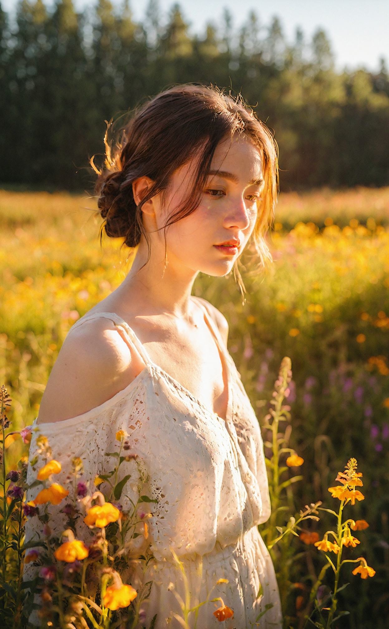mugglelight, a young woman bathed in the warm glow of golden hour, standing in a field of wildflowers, soft shadows, radiant sunlight, contemplative expression, floral surroundings.