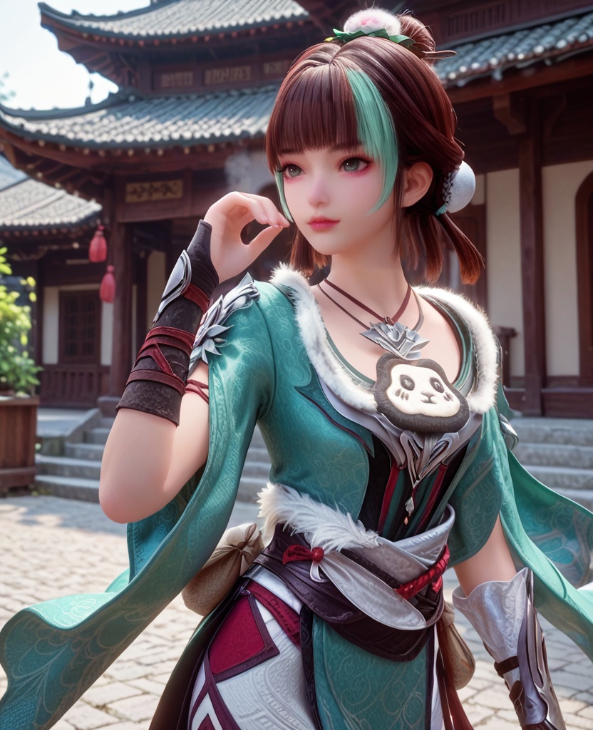 (oriental architecture, elegant decor, sophisticated style:1.1),(rolling around:1.1),(breasts:1.2),<lora:XL宗门卧底苏灵儿:0.95>,miss sulinger,streaked hair,bun cover,green eyes,green topwear,bangs,pelvic curtain,necklace,brown hair,wrist guards,sash,stretch cropped pants,fart curtain,fur trim,, score_9,score_8_up,score_7_up,score_6_up,score_5_up,score_4_up,3d rendering,tag1,tag2, Cinematic Lighting,backlighting,