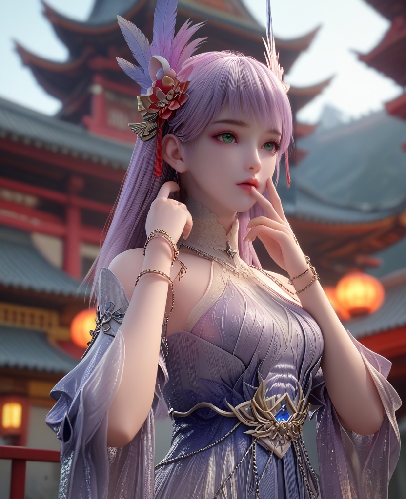 (oriental architecture, elegant decor, sophisticated style:1.1),(Hands on the cheeks, looking surprised:1.1),(breasts:1.2),<lora:XL16克金玩家林紫玥:0.95>,miss linziyao,lavender dress,green eyes,decorative left eye foils,lilac hair,long hair,hair ornament,bare shoulders,detached sleeves,jewelry,sash,bracelet,white socks with embroidery,, score_9,score_8_up,score_7_up,score_6_up,score_5_up,score_4_up,3d rendering,tag1,tag2, Cinematic Lighting,backlighting,, zPDXL3, zPDXL2,zPDXL, zPDXLxxx, zPDXLrl,