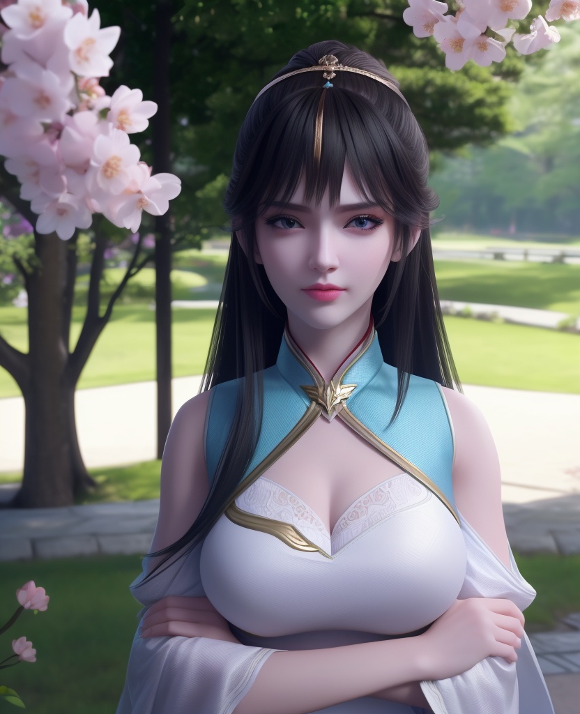 <lora:651-DA-斗破苍穹-凤清儿:0.8>(,1girl, ,best quality, ),looking at viewer,  ultra detailed background,ultra realistic 8k cg,ultra detailed 8k cg,masterpiece,upper body,  (( , )),, ,science fiction,mole, ultra realistic 8k cg, ,    ,outdoors, sun,sunlight, cherry blossoms,      (cleavage), (),