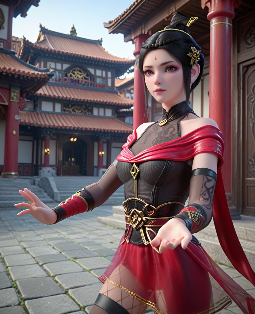 (oriental architecture, elegant decor, sophisticated style:1.1),(clapping hands:1.1),(breasts:1.2),<lora:XL斗破苍穹琥嘉:0.95>,miss hujia,black corset,sash,red see-through miniskirt,red shawl,makeup,purple eyes,forehead mark,black hair,sidelocks,hair bun,purple lipstick,eyeshadow,elbow gloves,black thighhighs,black boots,fishnets,, score_9,score_8_up,score_7_up,score_6_up,score_5_up,score_4_up,3d rendering,tag1,tag2, Cinematic Lighting,backlighting,
