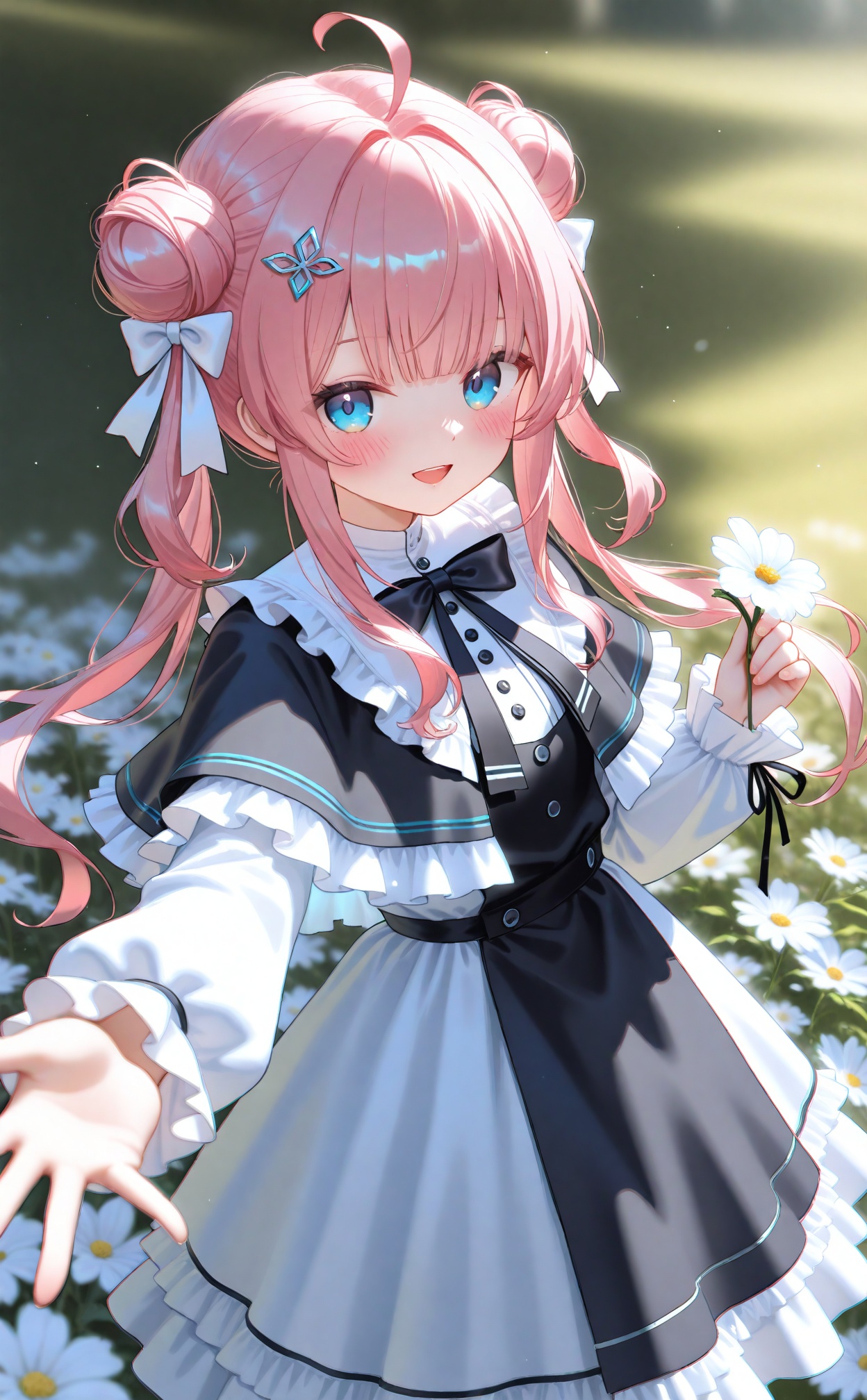 masterpiece,absurdres,best quality,high quality,chromatic_aberration,1girl, blue eyes, pink hair, cat, solo, flower, holding flower, hair bun, long hair, white cat, blush, looking at viewer, holding, hair ornament, twintails, long sleeves, dress, ahoge, bow, x hair ornament, white flower, frilled sleeves, double bun, virtual youtuber, reaching, sidelocks, reaching towards viewer, hair bow, bowtie, watermark, frills, chromatic aberration, ribbon, white dress, black dress, white bow, blunt bangs, capelet, outstretched hand, blurry background<lora:Lifel-000030:1>