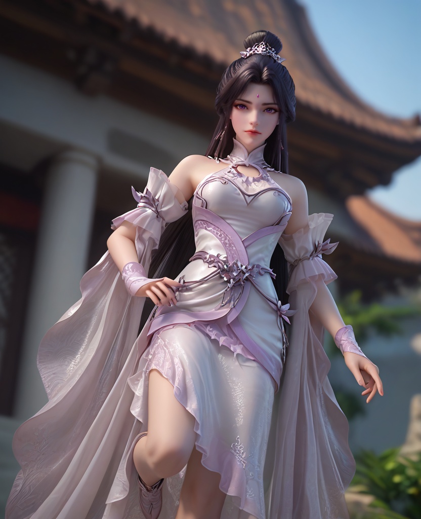 (oriental architecture, elegant decor, sophisticated style:1.1),Balancing on one foot, the other foot lifted,,(breasts:1.2),<lora:XL16完美世界月婵:0.95>,miss yuechan,solo,pinkish white corset,sash,pinkish white sheer fabric skirt,purple eyes,forehead jewel,traditional chinese updo,black hair,very long hair,hair ornament,bare shoulders,detached sleeves,wristband,white strappy sandals,, zPDXL2, score_9, score_8_up, score_7_up BREAK realistic, masterpiece,best quality, highly detailed,, zPDXL3, zPDXL2,zPDXL, zPDXLxxx, zPDXLrl,