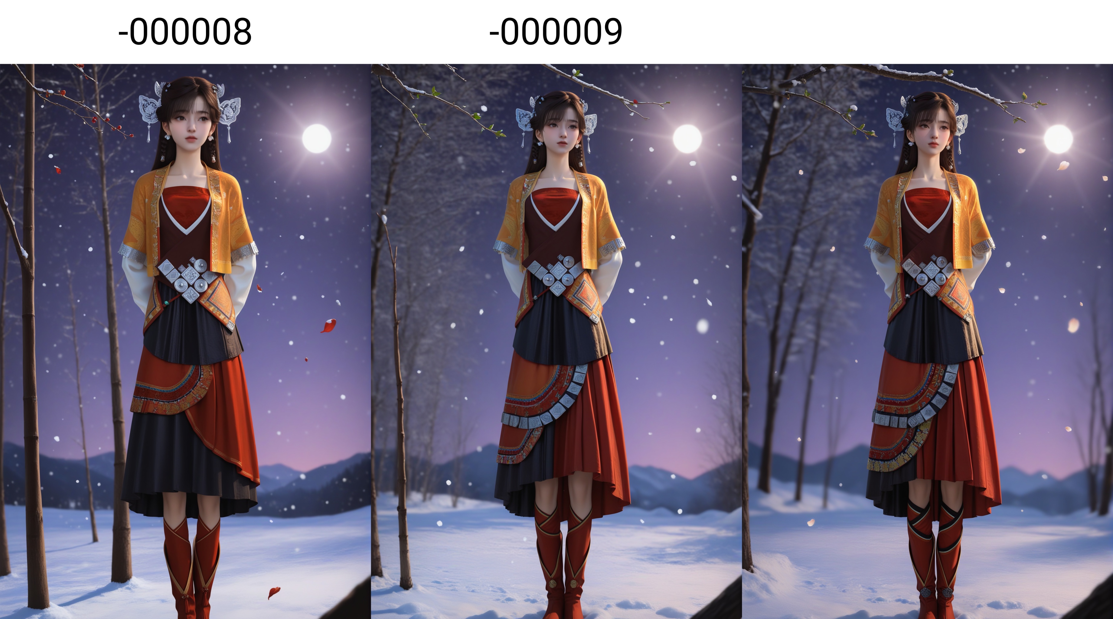 masterpiece,best quality,absurdres,highres,<lora:雪见-ill-000008:0.85>,1girl,solo,dangling tassels,filigree design,butterfly-shaped hairpiece,silver hairpins,hair ornament,dark brown hair,pearl beads,pearl earrings,twin braids,long hair,light blush,layered_dress,short jacket,red tube top,puffed sleeves,white inner sleeves,waist belt,embroidered cuffs,red skirt,traditional chinese footwear,standing,(pleated skirt),XueJian,black skirt,red long_skirt,black short_skirt,collarbone,thighs,full body,(arms_behind_back),front view,BREAK(white_skin:1.1),(fair_skin:1.1),realistic,twig,branch,falling petals,snow,snowing,snowflakes,simple background,black background,rim light,Volumetric Lighting,lens flare,Tyndall effect,depth of field,bokeh,sparkle,moon,star \(sky\),purple sky,