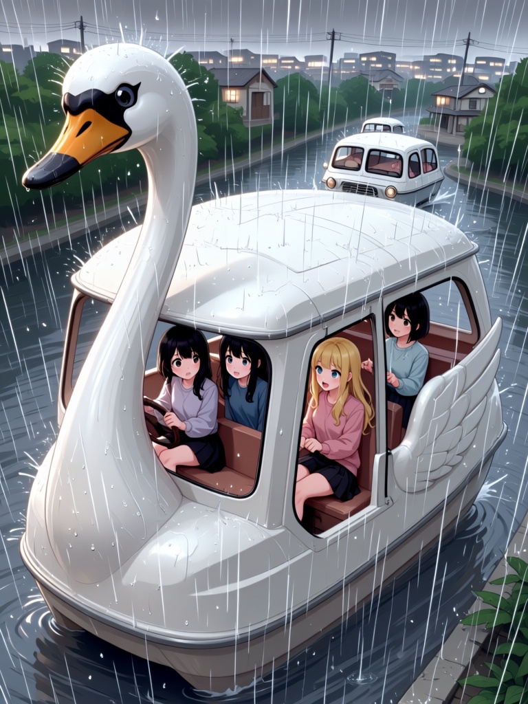 swan watercraft,  steering wheel,  multiple girls on Tensor.Art