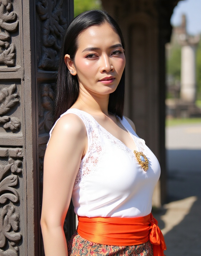 Aroems_,  A young Indonesian woman standing against a carved stone pillar,  wearing a white lace-trimmed blouse with a gol...