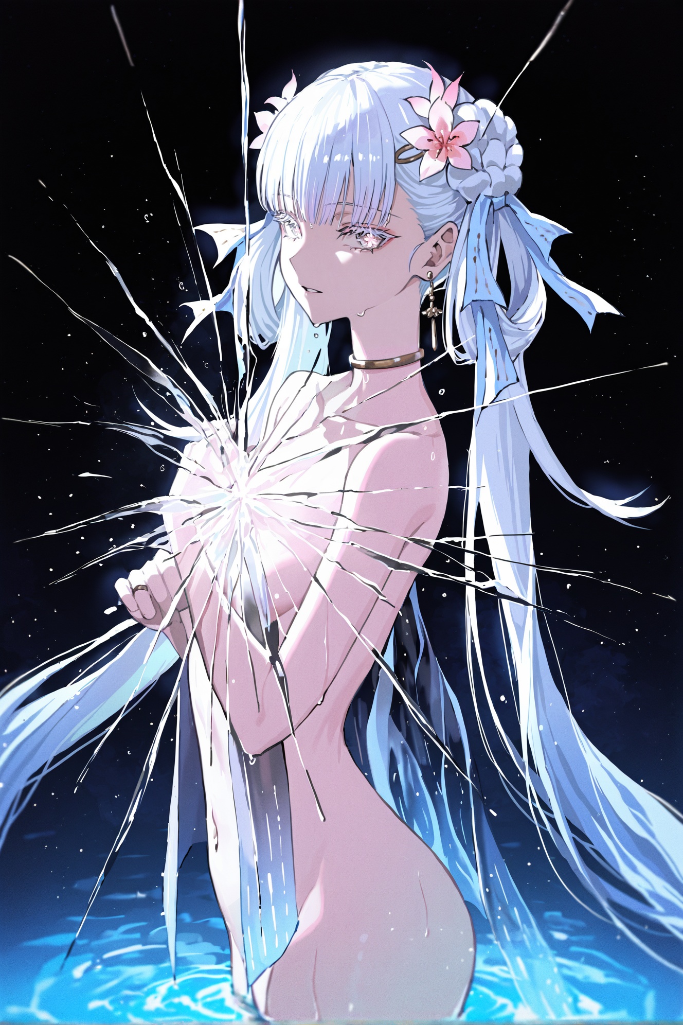 by [yoneyama mai|quasarcake|wanke|mika pikazo|lam],solo,1girl,parted lips,insect wings,looking at viewer,colored skin,butterfly wings,from side,cracked glass,reflection,water,collarbone,navel,see-through clothes,wet,split theme,masterpiece,best quality,very awa,absurdres,<lora:noobai_epred_11_artists_v11:1>,<lora:jxnew-noob-Tanger-000014:0.8>,jinhsi,jinhsi \(peach blossom\) \(wuthering waves\),flower-shaped pupils,1girl,hair ornament,hair flower,twintails,bangs,jewelry,very long hair,nude,