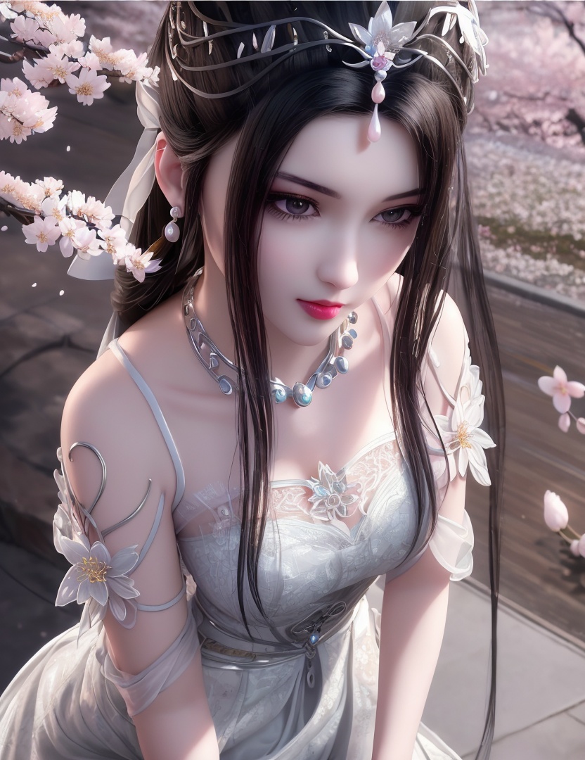 ultra realistic 8k cg, picture-perfect face, flawless, clean, masterpiece, professional artwork, famous artwork, cinematic lighting, cinematic bloom, perfect face, beautiful face, fantasy, dreamlike, unreal, science fiction,   lace, lace trim, lace-trimmed legwear,  (rich:1.4), prestige, luxury, jewelry, diamond, gold, pearl, gem, sapphire, ruby, emerald, intricate detail, delicate pattern, charming, alluring, seductive, erotic, enchanting, hair ornament, necklace, earrings, bracelet, armlet,halo((,1girl, pov,))  , ((((1girl, solo, ,cherry blossoms,outdoors, ))))<lora:DA_LinQingZhu:0.7>
