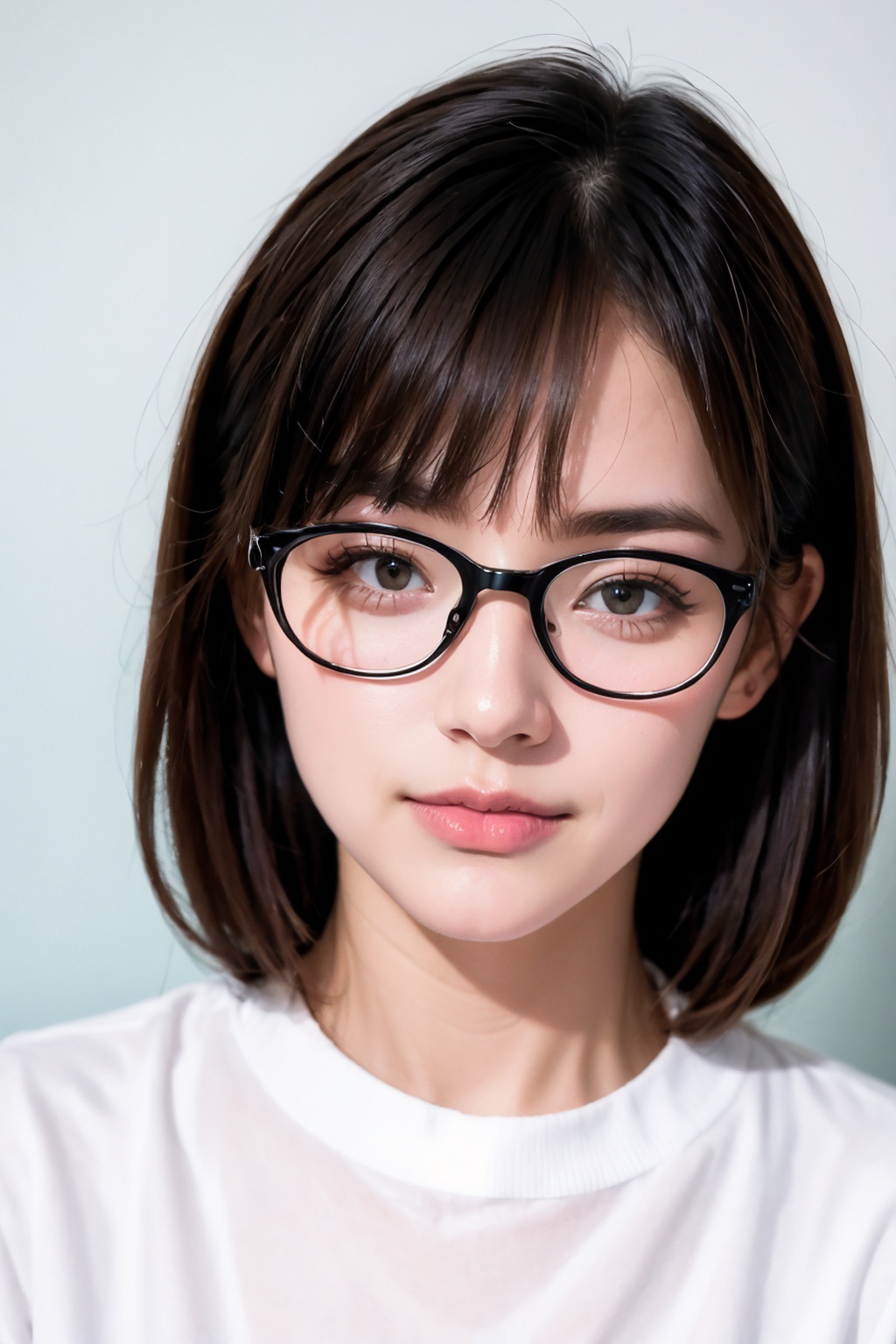 1girl, solo, white shirt, portrait, glasses, looking sideways