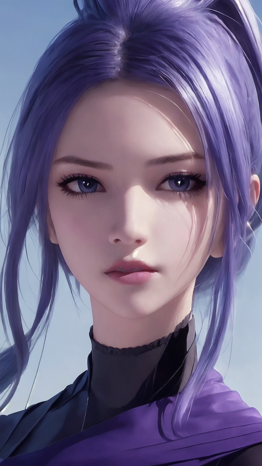 The image is a digital portrait of a young woman with blue hair. She has a serious expression on her face and is looking directly at the camera. Her hair is styled in a high ponytail with multiple strands of blue hair framing her face. She is wearing a purple and black outfit with a high collar and a choker necklace. The background is a blue sky with white clouds and a crescent moon. The overall mood of the image is dark and mysterious.,<lora:tyz zi_20241217072752-000016:0.8>,