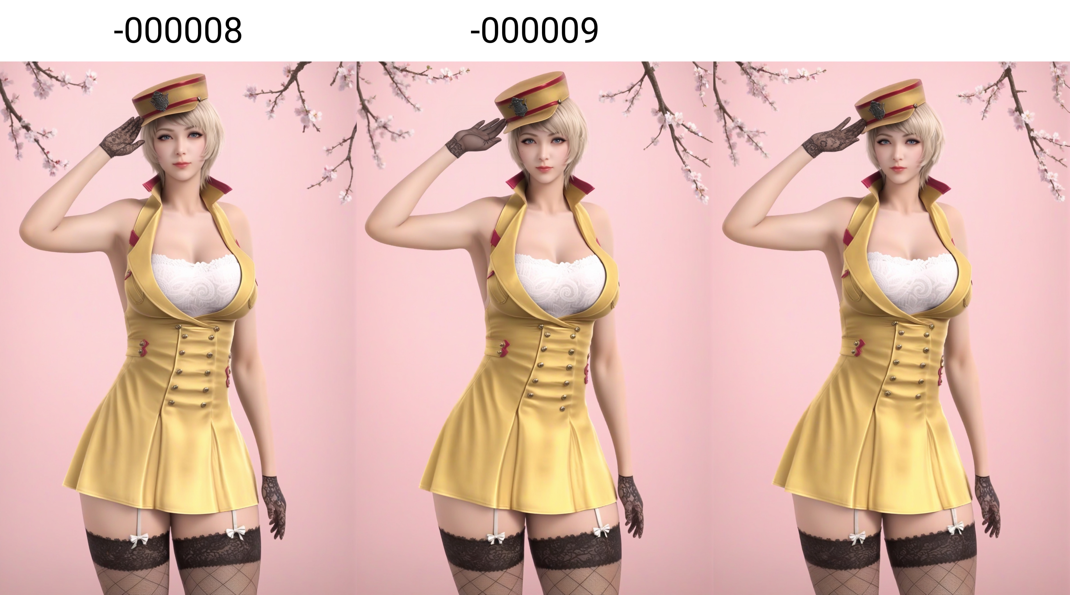 (score_9),plump,curvy,mature female,<lora:潜-灵狐-pony-000008:0.85>,1girl,solo,blonde hair,short hair,blue eyes,halter dress,white bra,lace bra,high collar,bare shoulders,military hat,lace-trimmed legwear,fishnet thighhighs,garter straps,black gloves,lace gloves,thick thighs,collarbone,(salute:1.1),looking at viewer,BREAK<lora:e肤色滑块:0.8>,(white_skin),(sweaty skin),(Ivory_skin),light_skin,very sweaty,(pale_skin),(fair_skin),twig,branch,falling petals,simple background,black background,rim light,Volumetric Lighting,lens flare,Tyndall effect,depth of field,bokeh,sparkle,