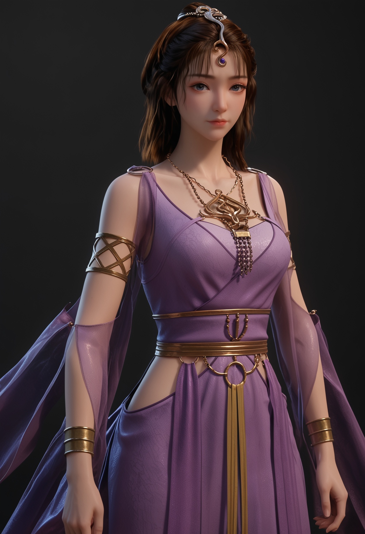 (cowboy shot:1.2),score_9,score_8_up,masterpiece,(best quality),intricate details,facing viewer,(looking at viewer:1.1),<lora:YQ_pony_wensiyue_V4:0.8>,q1528437228,1girl,solo,jewelry,blue dress,dress,purple dress,necklace,brown hair,long hair,black hair,hair ornament,bracelet,armlet,brown eyes,sandals,ponytail,sash,black eyes,blue eyes,BREAKscore_9,score_8_up,masterpiece,(best quality),perfect anatomy,(hourglass),perfect face,(simple background,pure black background,black background:1.1),fair_skin,shiny_skin,Ivory_skin,