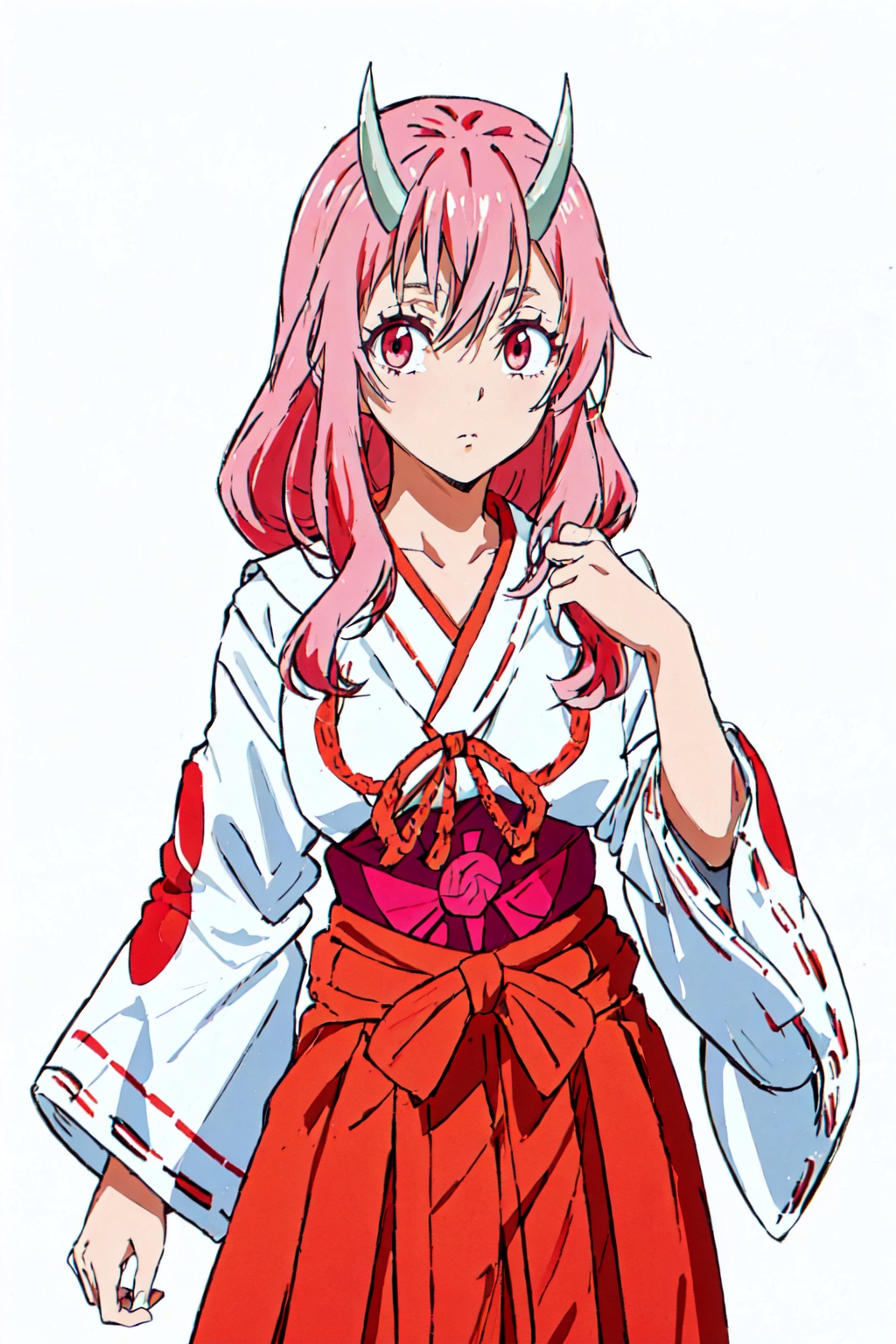 1girl,looking at viewer,solo,oni,horns,pink hair,long hair,hair between eyes,red eyes,pink eyes,miko,japanese clothes,red hakama,ribbon trim,ribbon-trimmed sleeves,hakama,white kimono,skirt,kimono,collarbone,wide sleeves,long sleeves,hakama skirt,red ribbon,breasts,ribbon,<lora:Shuna:0.8>,Shuna_CYQL,full_shot,beautiful face,beautiful eyes,glossy skin,shiny skin,white background,simple background,posing in front,masterpiece,best quality,beautiful and aesthetic,contrapposto,female focus,wallpaper,fashion,