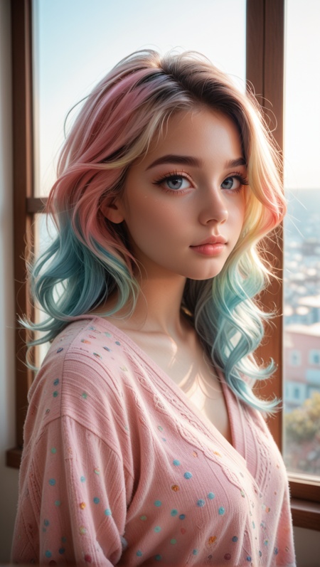 score_9, score_8_up, score_7_up, nsfw,style girl standing by a window, soft natural lighting, pastel hair with realistic strands, detailed skin texture, warm highlights, expressive large eyes, subtle reflection in glass, casual homewear, cozy atmosphere, photo-realistic shading