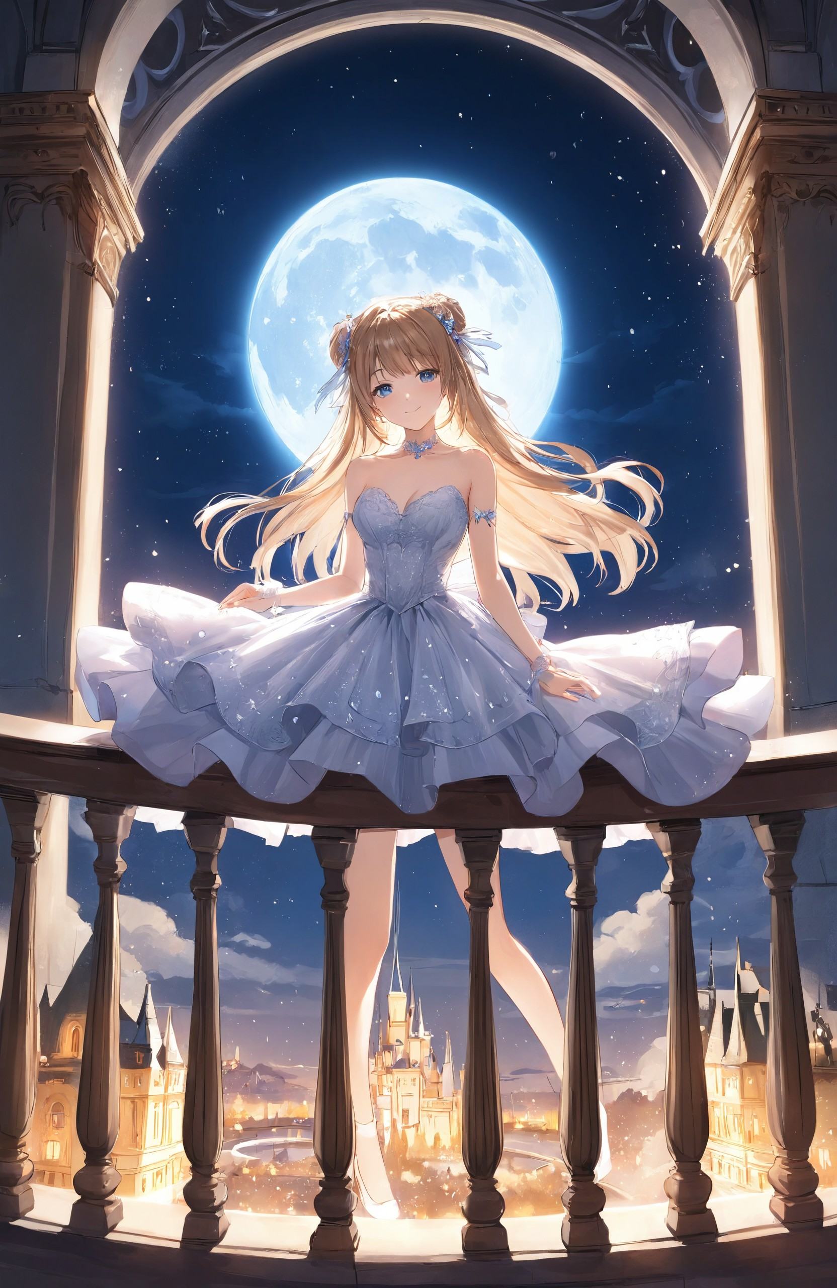 "Whimsical fantasy anime art style, featuring a young girl in a flowing, delicate gown adorned with intricate lace, standing on a balcony overlooking a floating castle. The scene is bathed in the soft, silvery light of the full moon, with the castle illuminated by glowing magical runes. The night sky is filled with twinkling stars, and the girl's hair gently sways in the breeze, adding to the ethereal atmosphere."