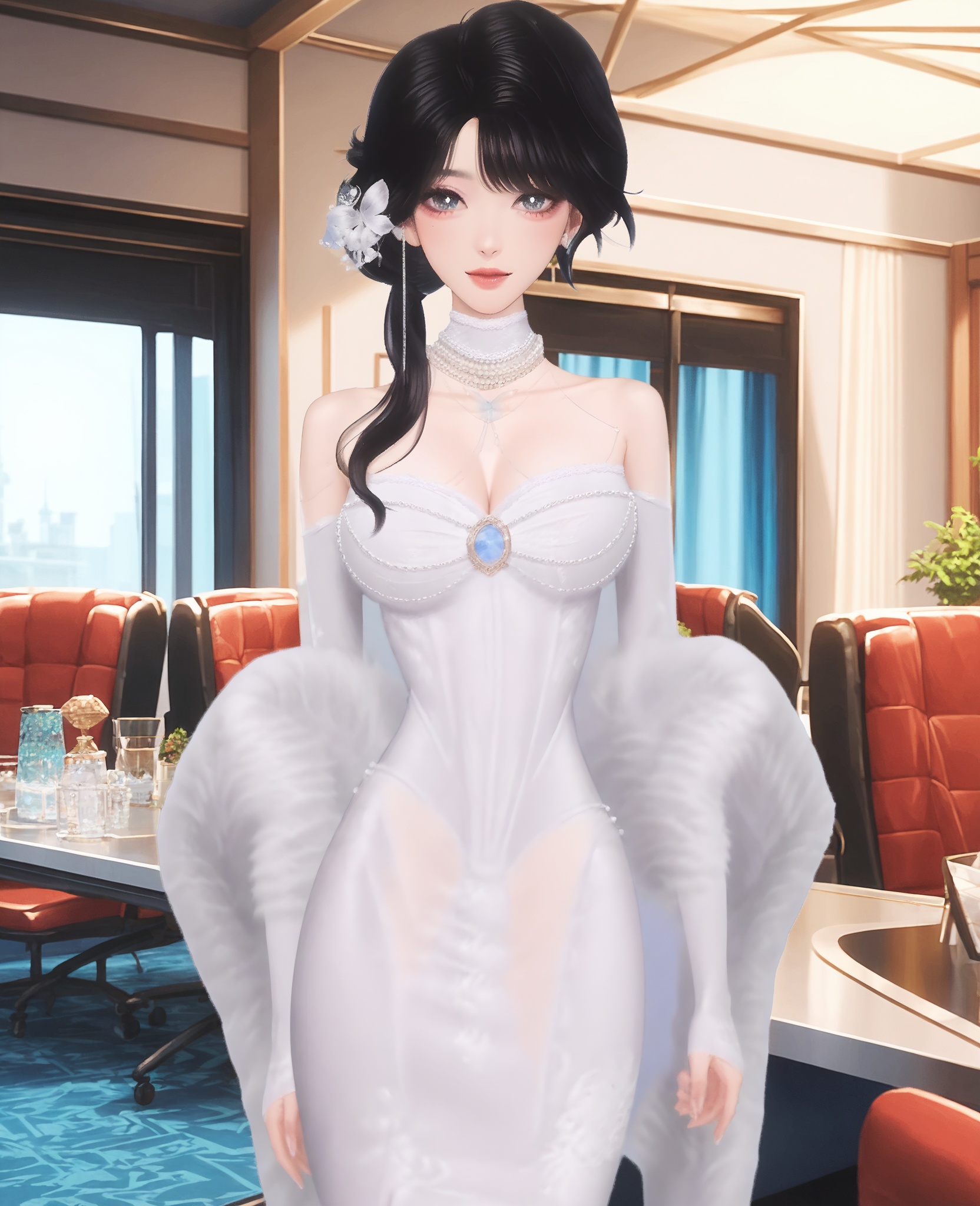 score_9,score_8_up,score_7_up,score_6_up,score_anime,masterpiece,best quality,ultra-detailed,highres,anime screencap,anime coloring,anime,animated,shiny skin,looking at viewer,from front,indoors,<lora:C_t_w_25_JUNE_Pony:0.7>,1girl,solo,t_w,black hair,hair ornament,long hair,earrings,bangs,bare shoulders,detached sleeves,white dress,standing,
