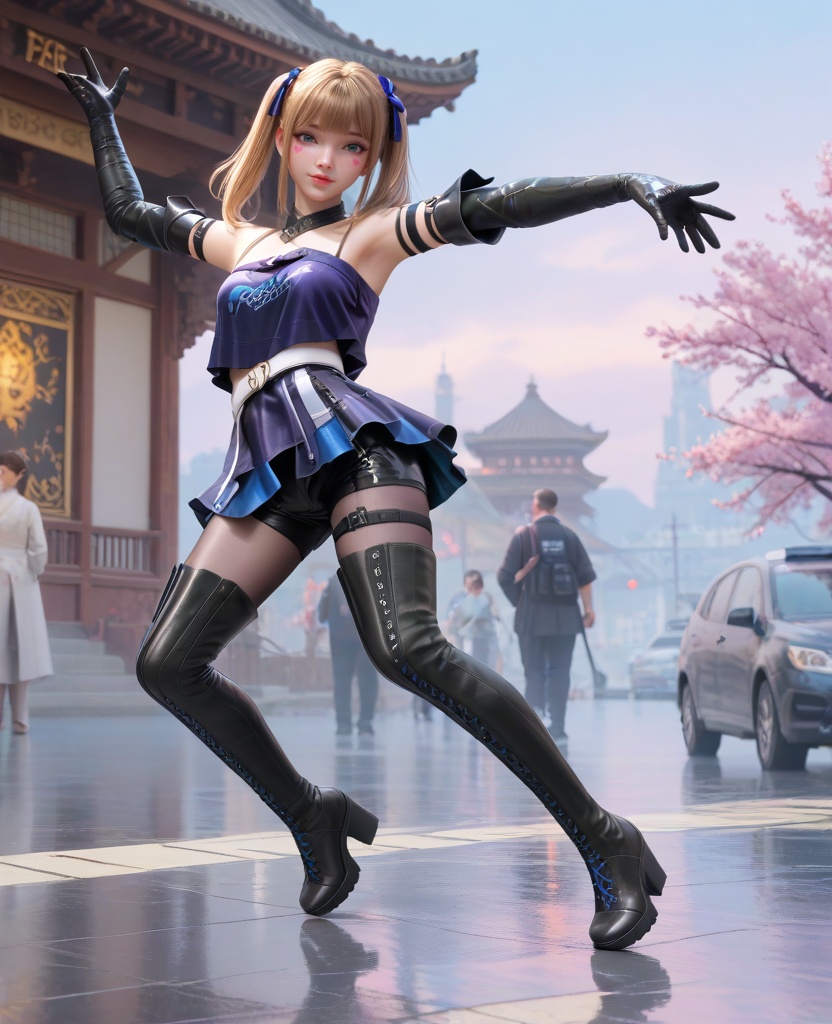 (oriental architecture, elegant decor, sophisticated style:1.1),(Balancing on tiptoes with arms outstretched:1.1),(breasts:1.2),<lora:XL16穿越火线晴雅保卫者:0.95>,miss qingya,black latex camisole,blue eyes,heart facial mark under left eye,blonde hair,twintails,hair ribbon,blue faux two-piece skirt,white belt,brown pantyhose,thigh strap,lips,black glove sleeves,black thigh boots,latex shorts,, score_9,score_8_up,score_7_up,score_6_up,score_5_up,score_4_up,3d rendering,tag1,tag2, Cinematic Lighting,backlighting,, zPDXL3, zPDXL2,zPDXL, zPDXLxxx, zPDXLrl,