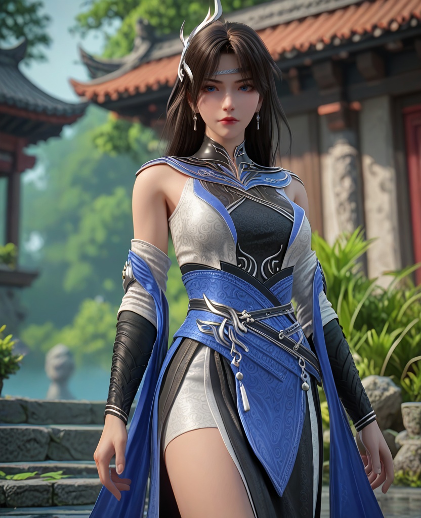 (oriental architecture, elegant decor, sophisticated style:1.1),(hands-on-hips:1.1),(breasts:1.2),<lora:XL百炼成神裴芸:0.95>,miss peiyun,black hair,long hair,jewelry,earrings,blue eyes,hair ornament,detached sleeves,dress,breasts,bare shoulders,circlet,mole under eye,sash,, zPDXL2, score_9, score_8_up, score_7_up BREAK realistic, masterpiece,best quality, highly detailed,, zPDXL3, zPDXL2,zPDXL, zPDXLxxx, zPDXLrl,
