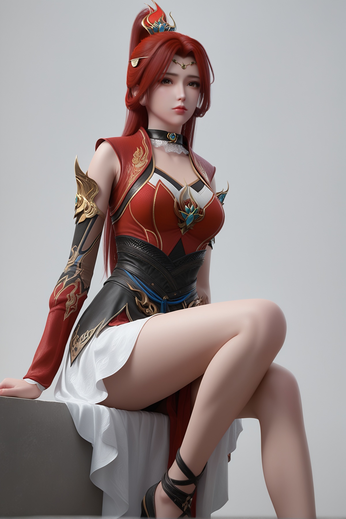 masterpiece,best quality,realistic,cinematic,detail eyes,(ultra-detailed),perfect composition,intricate details,absurdres,detailed face,high quality,high res,8K,<lora:X_tanghuoer_IL3.0:0.8>,red hair,brown eyes,high ponytail,1girl,long hair,breast,medium breast,hair_ornament,dress,bare_legs,sitting,simple background,white_background,looking_at_viewer,