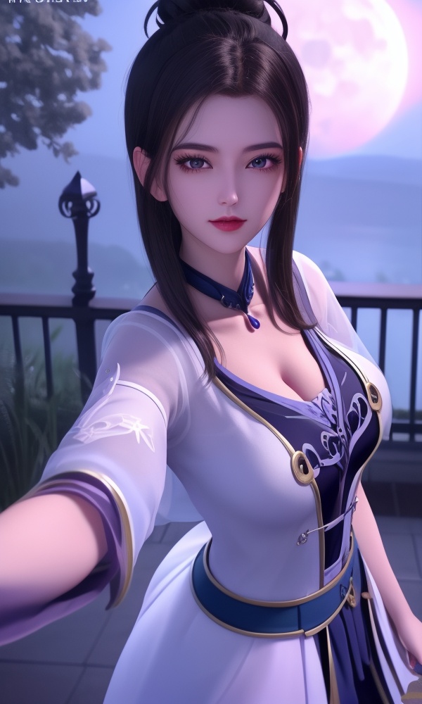 (,1girl, ,best quality, ),looking at viewer, <lora:432-DA-少年歌行-陈飞瑶:0.8> ,ultra detailed background,ultra detailed background,ultra realistic 8k cg,, ,masterpiece, (( , )),, ,   ,   cure blossom, full moon,night,night sky,  (cleavage), (), ,,